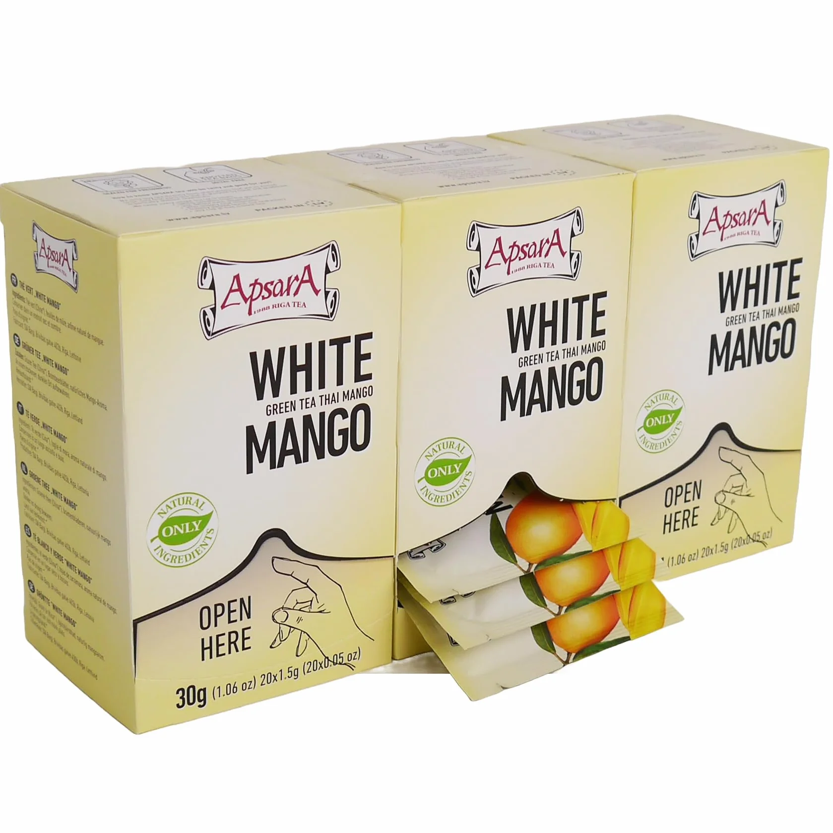 Apsara Premium té de Mango Blanco, juego de 3 (60 bolsitas), té verde y blanco con nota afrutada