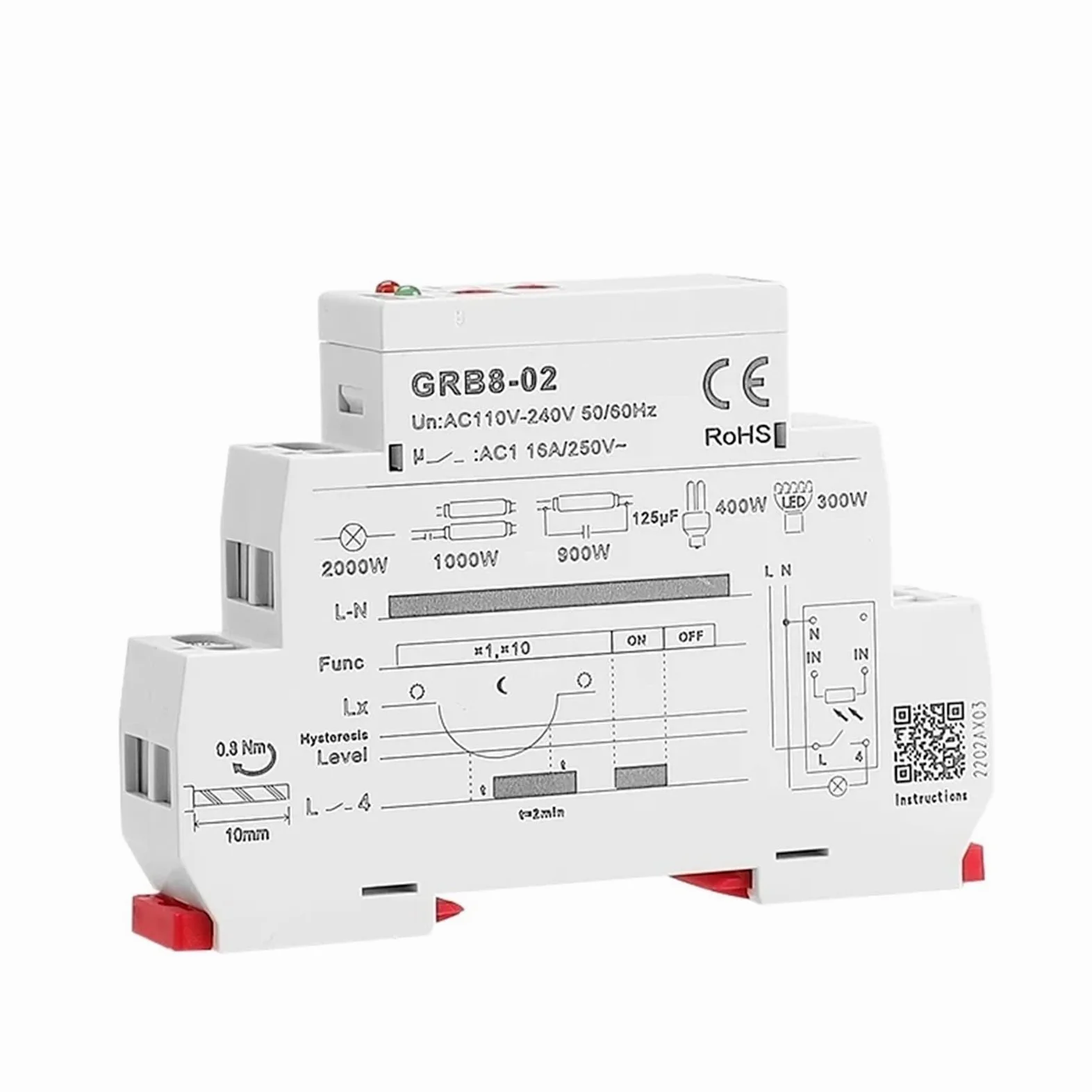 GRB8-01/02 Interruptor crepuscular de riel DIN, temporizador, sensor de luz, relé, CA 110 V-240 V, encendido y apagado automático(GRB8-02 AC110-240V)