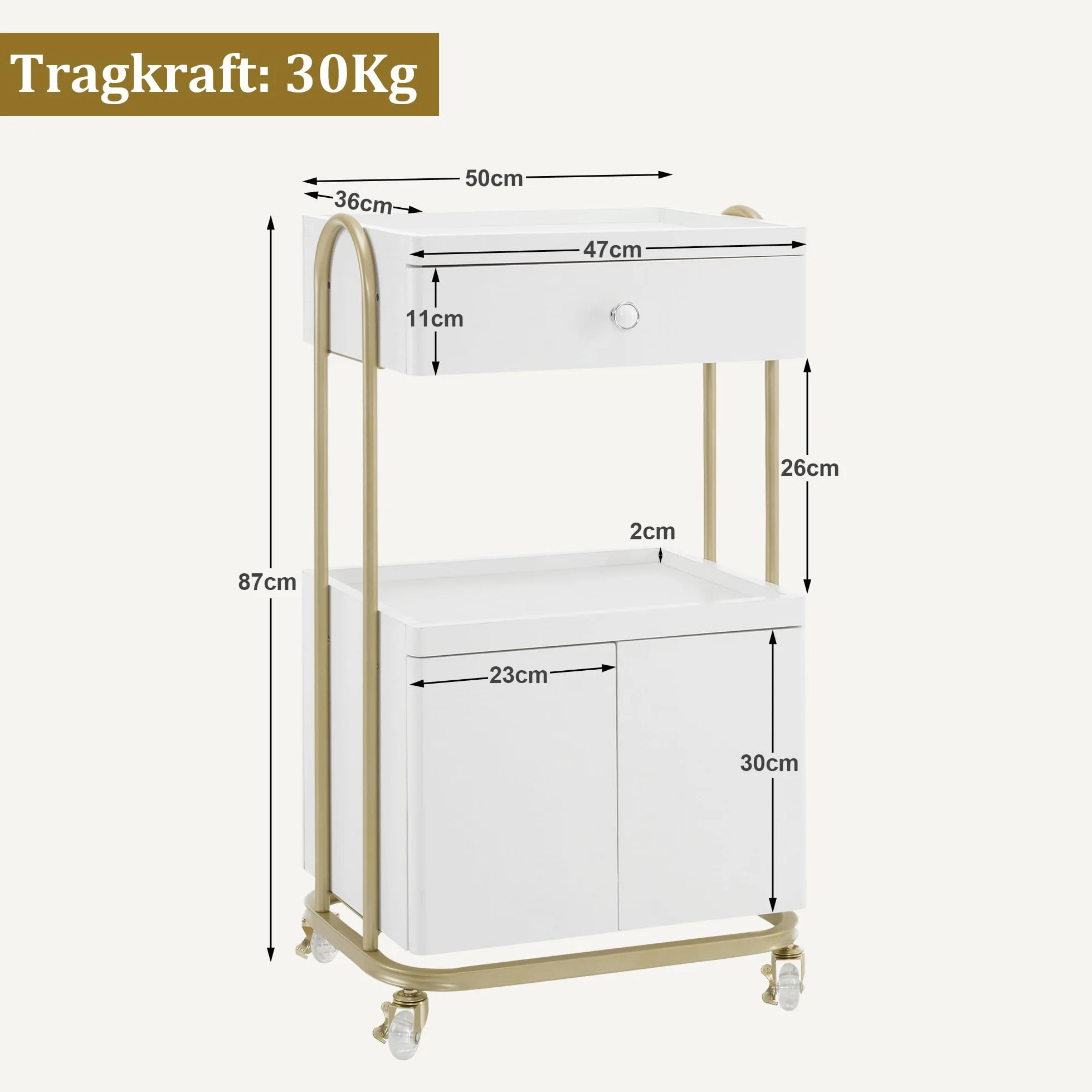 MCombo Carro de servicio con ruedas y cajón, carrito de peluquería blanco y dorado 36x50x87 cm