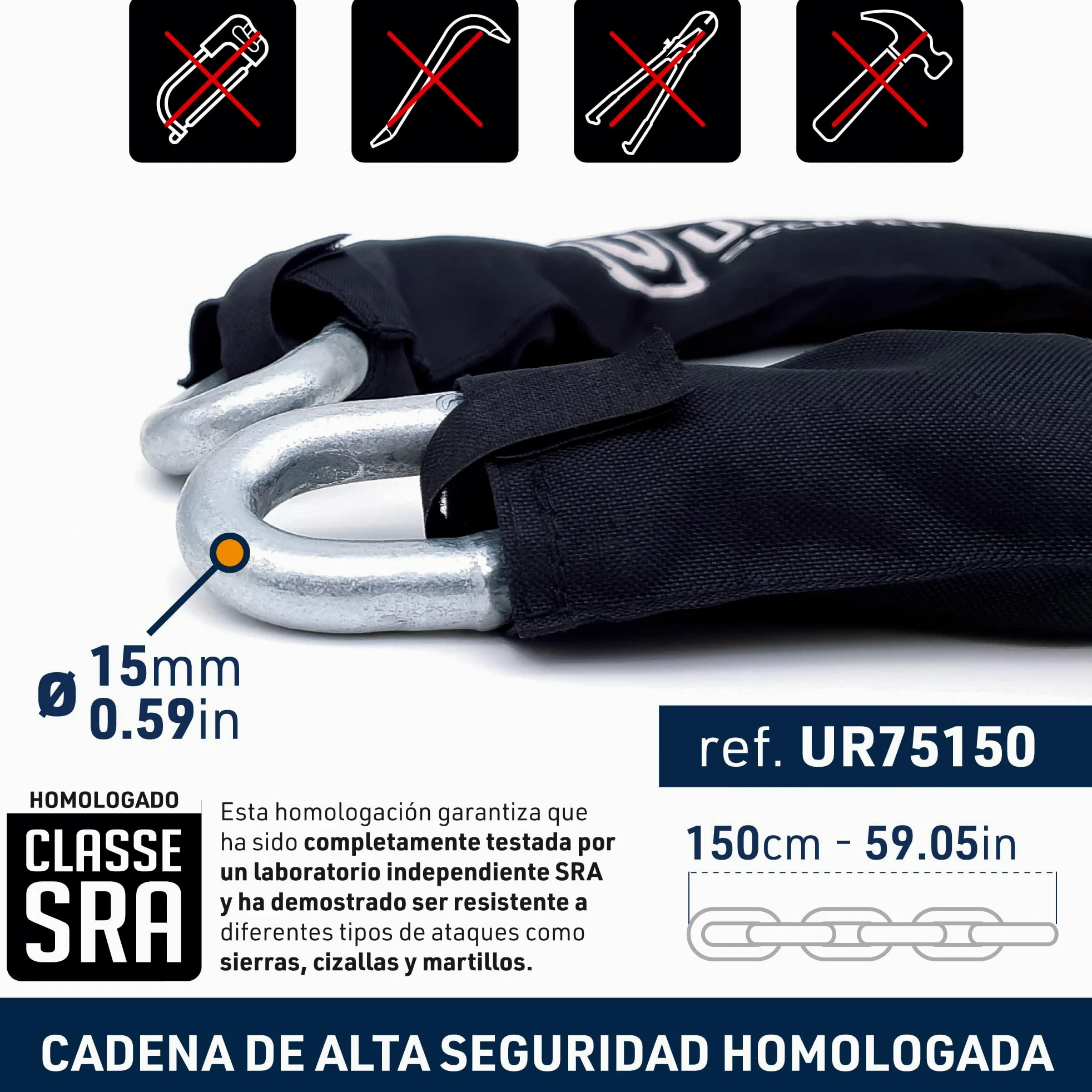 URBAN UR75150 Cadena Candado Antirrobo Pesado ø15mm + Mini U, Alta Seguridad Homologada SRA, 150cm Completamente Testada +Visible, Antirobo Multifunción para Disco Freno, Anclaje, Motocicleta, Parking