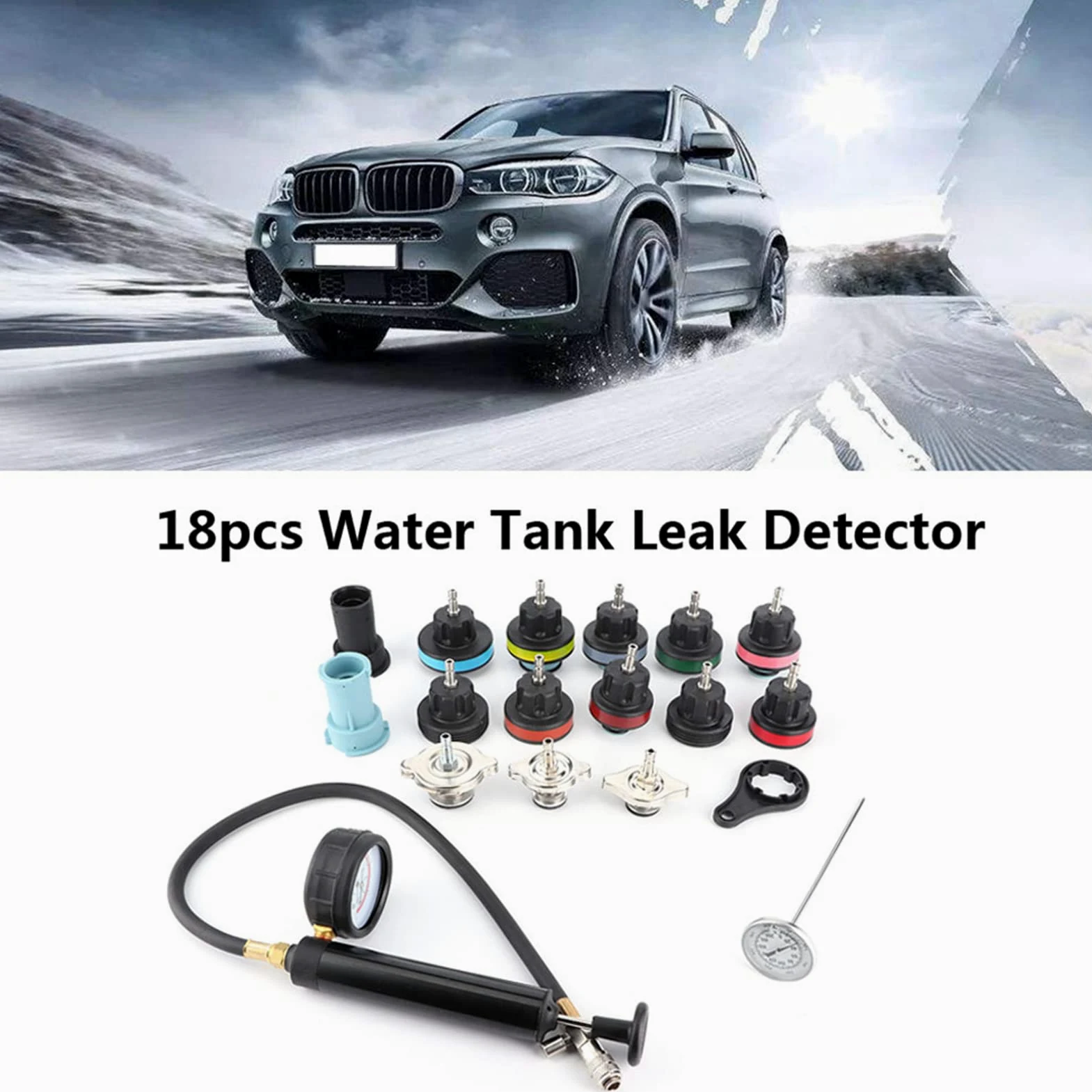 Kit de Probador de Fugas de de Refrigeración de Coche Preciso de 18 Piezas, Probador de Radiador, Detector de Fugas de Tanque de Agua para Uso en Taller de Garaje, Duradero y Resistente