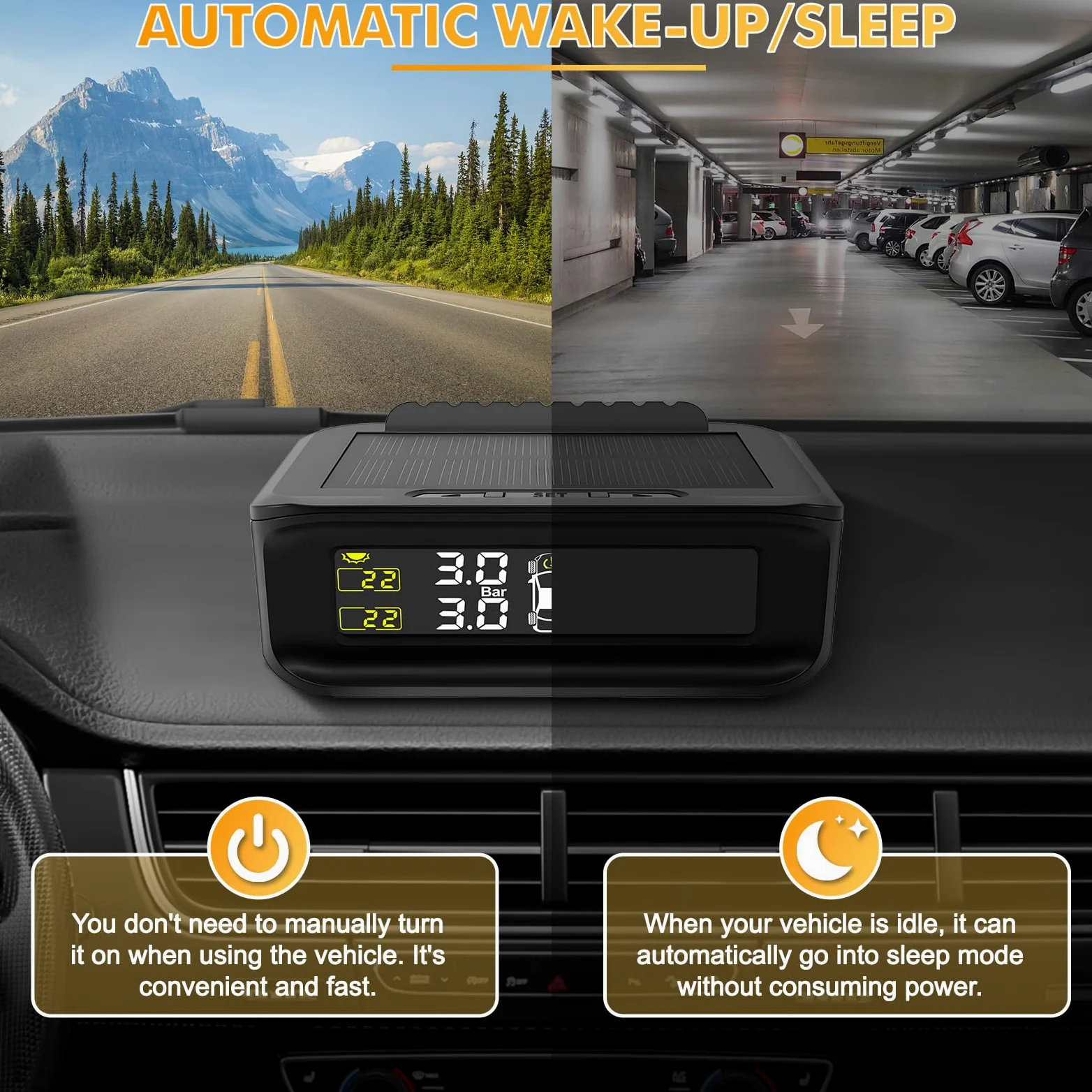 TPMS Sistema de Monitoreo de Presión de Neumáticos, Carga Solar/USB, 5 Funciones de Alarma, 4 Sensores Externos, 0-87 PSI/0-6.0 Bar,Compatible Berlina/SUV/MPV