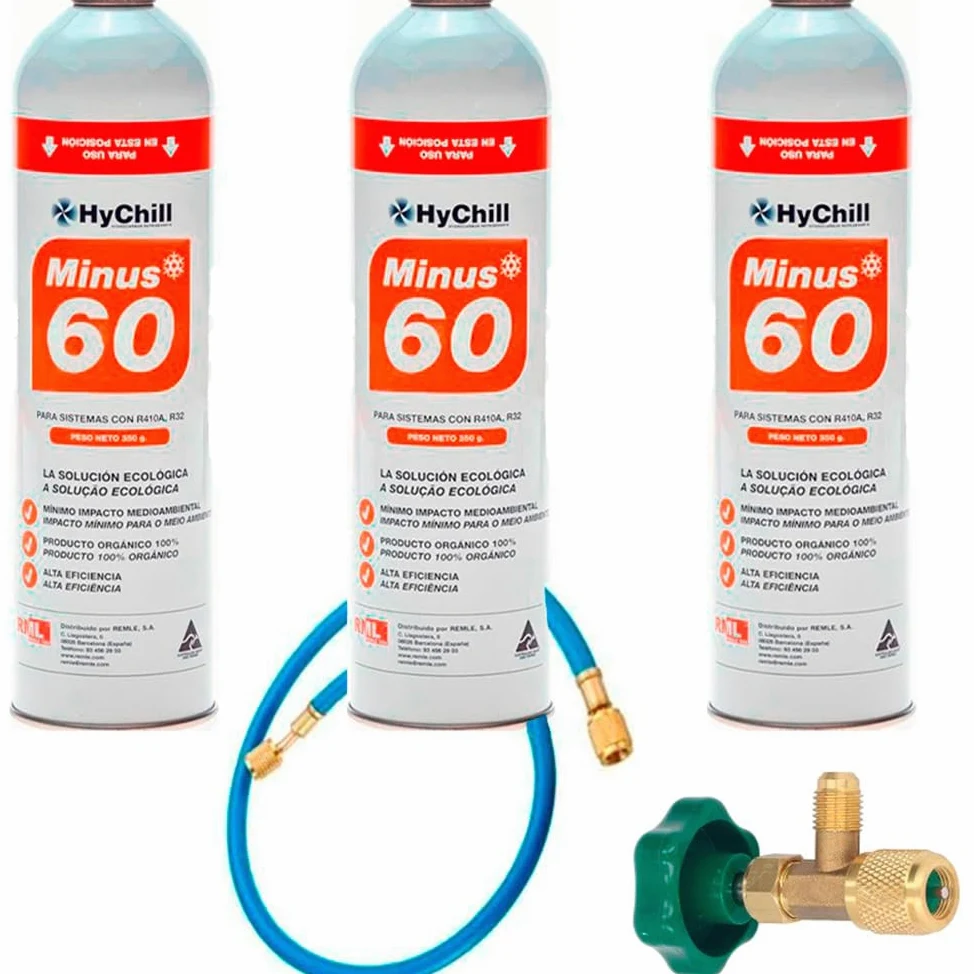 REPORSHOP - 3 Botellas Gas Minus 60 350Gr + Valvula + Manguera Sustituto R32, R410A Freeze Organico