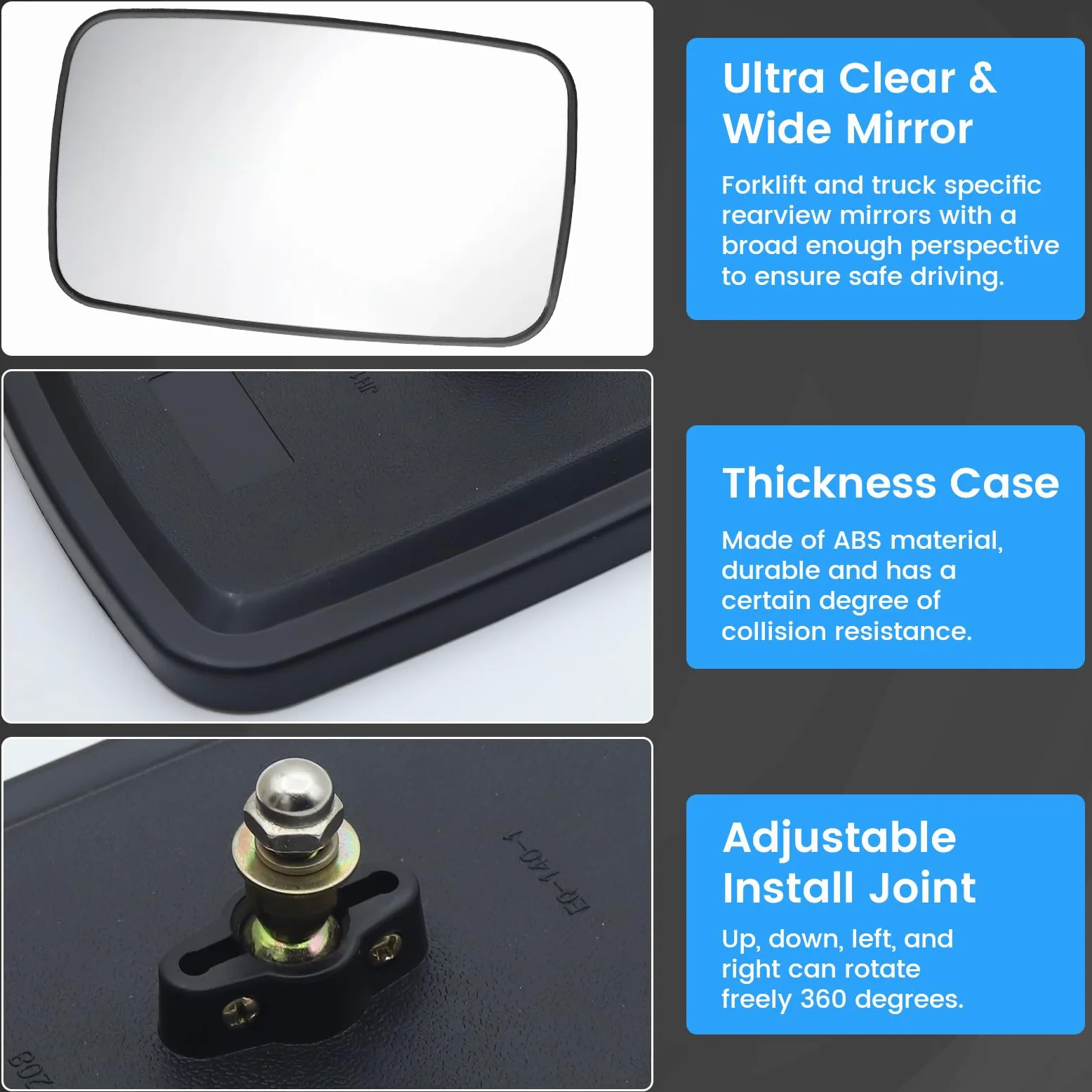 Espejo retrovisor universal para carretilla elevadora, espejo retrovisor de gran angular para recolocación de tractores de camiones (paquete de 2, negro)