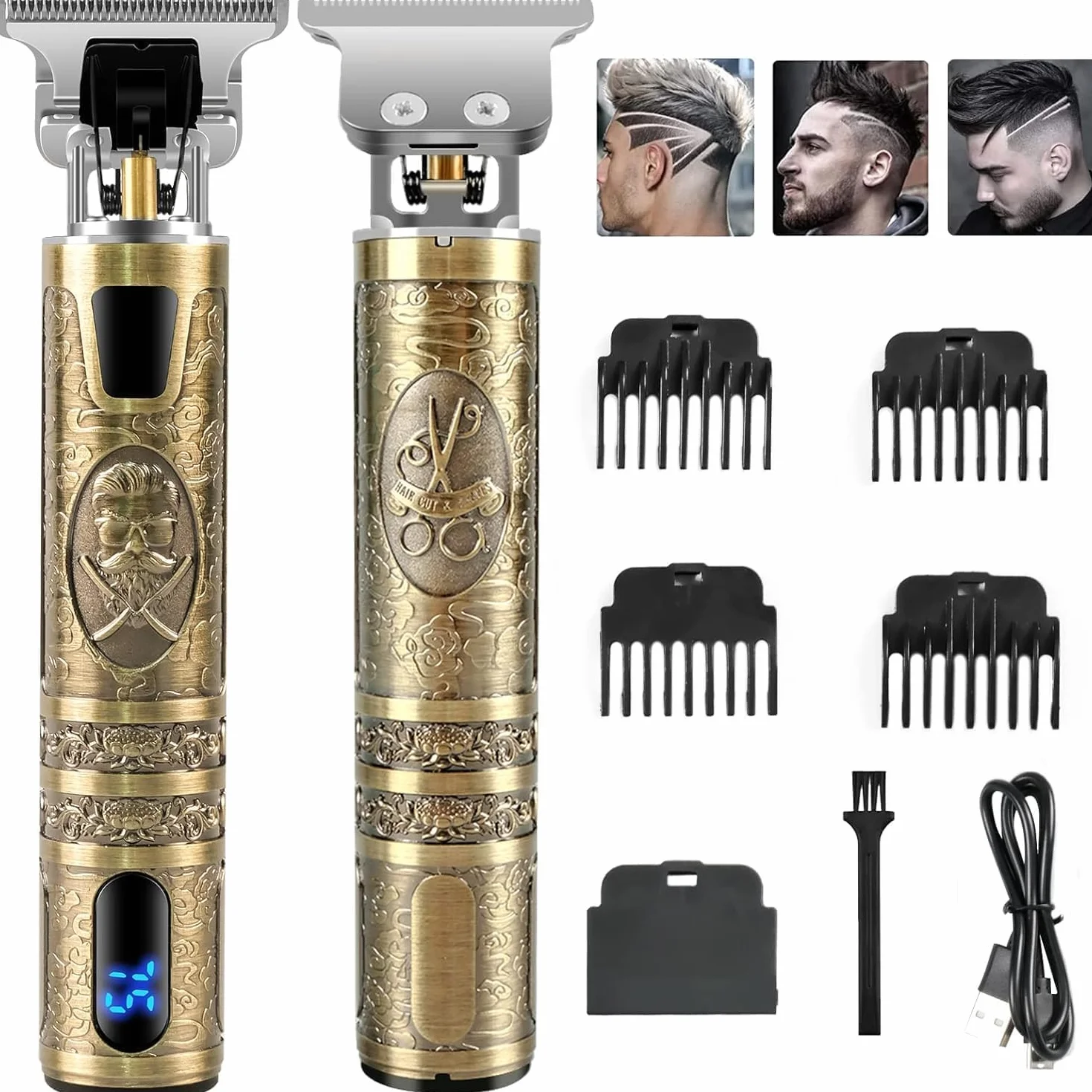 Cortapelos Inalámbrico Profesional Recargable con Hoja T, Cortador de Pelo y Barba con 4 Peines-guía