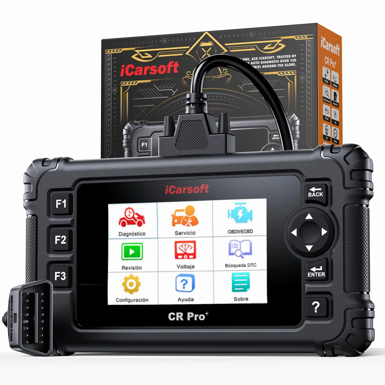 iCarsoft CR Pro+ OBD2 Máquina Diagnosis Coche Multimarca Español, Escáner de Todo el Sistema, 49 Funciones Reinicio, Bidireccional Detector Fallos Coche, Prueba de Batería, Vin Automático