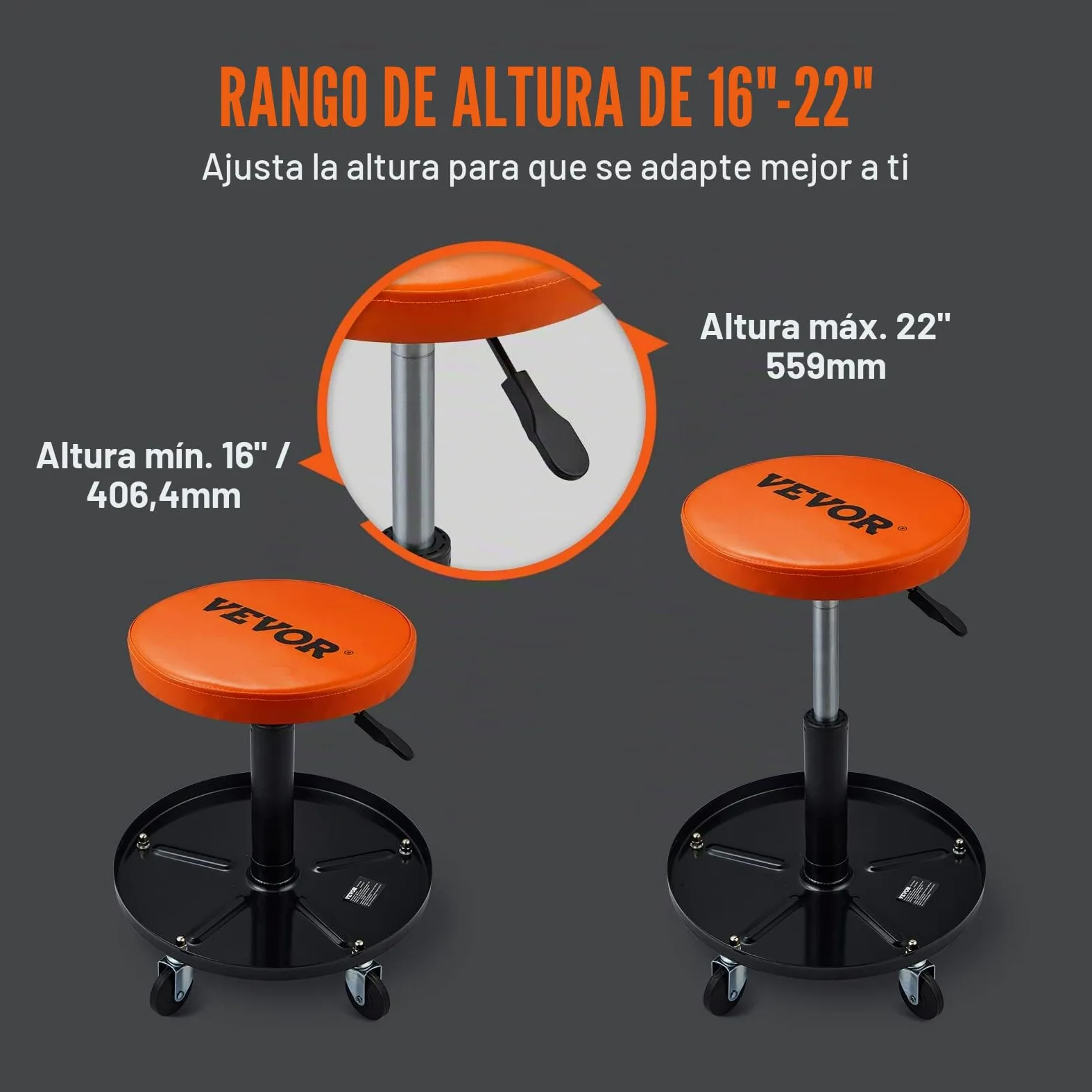 VEVOR Taburete de Taller Móvil Carga de 113,4 kg Taburete Mecánico con Ruedas Asiento de Taller Altura Ajustable con Bandeja de Herramientas Marco Resistente Cómodo Asiento Acolchado para Automóvil