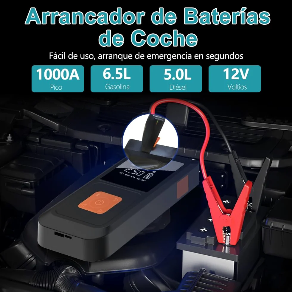Arrancador de Batería 12V para Coche (Gasolina/Diésel) con Compresor de Aire Portátil y Power Bank 3 en 1, Inflador Eléctrico 10000mAh con Pantalla LCD y Arranque de Emergencia, Carga Rápida