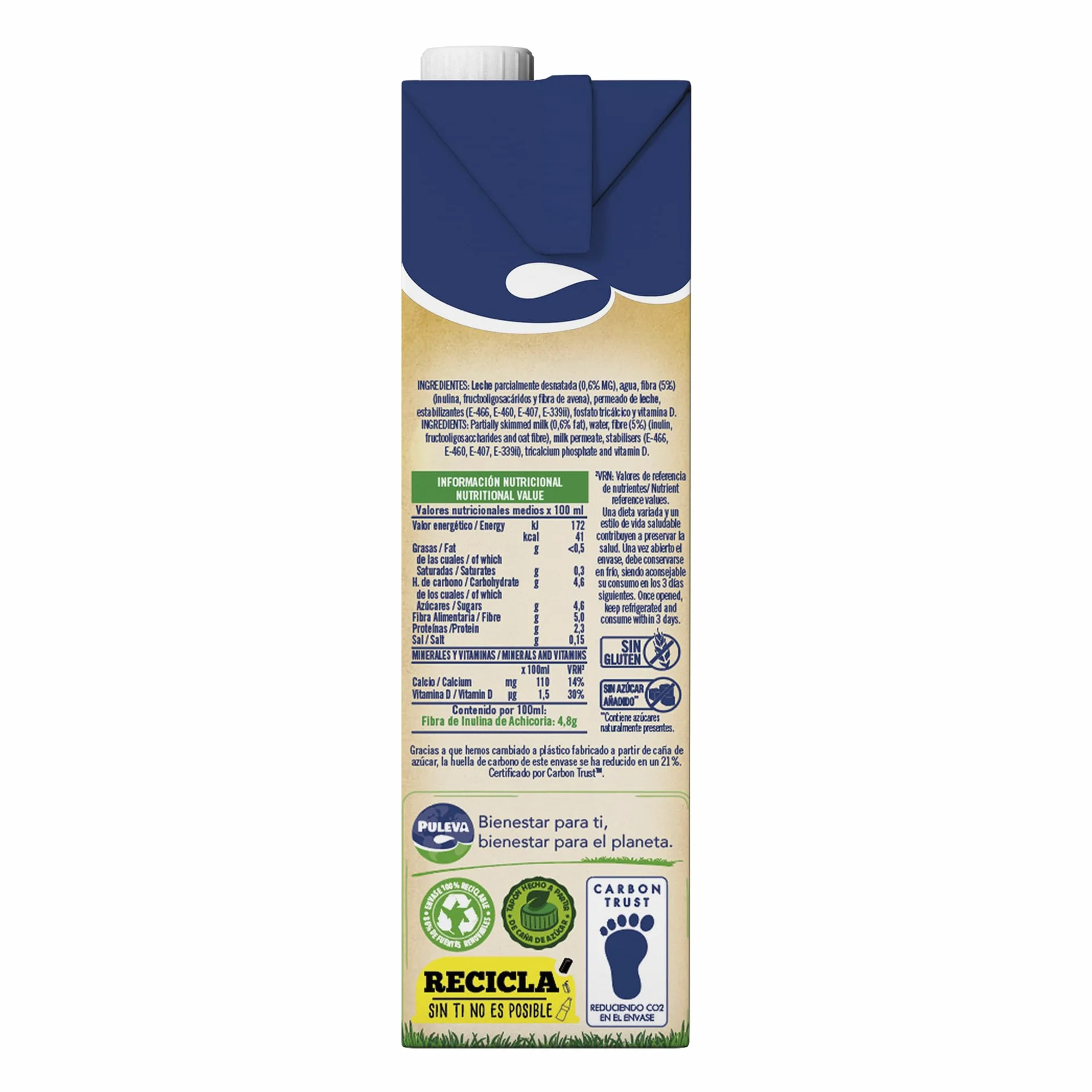 Puleva Leche con Fibra de Achicoria y Avena, Bebida Láctea, Pack 6 x 1 Litro