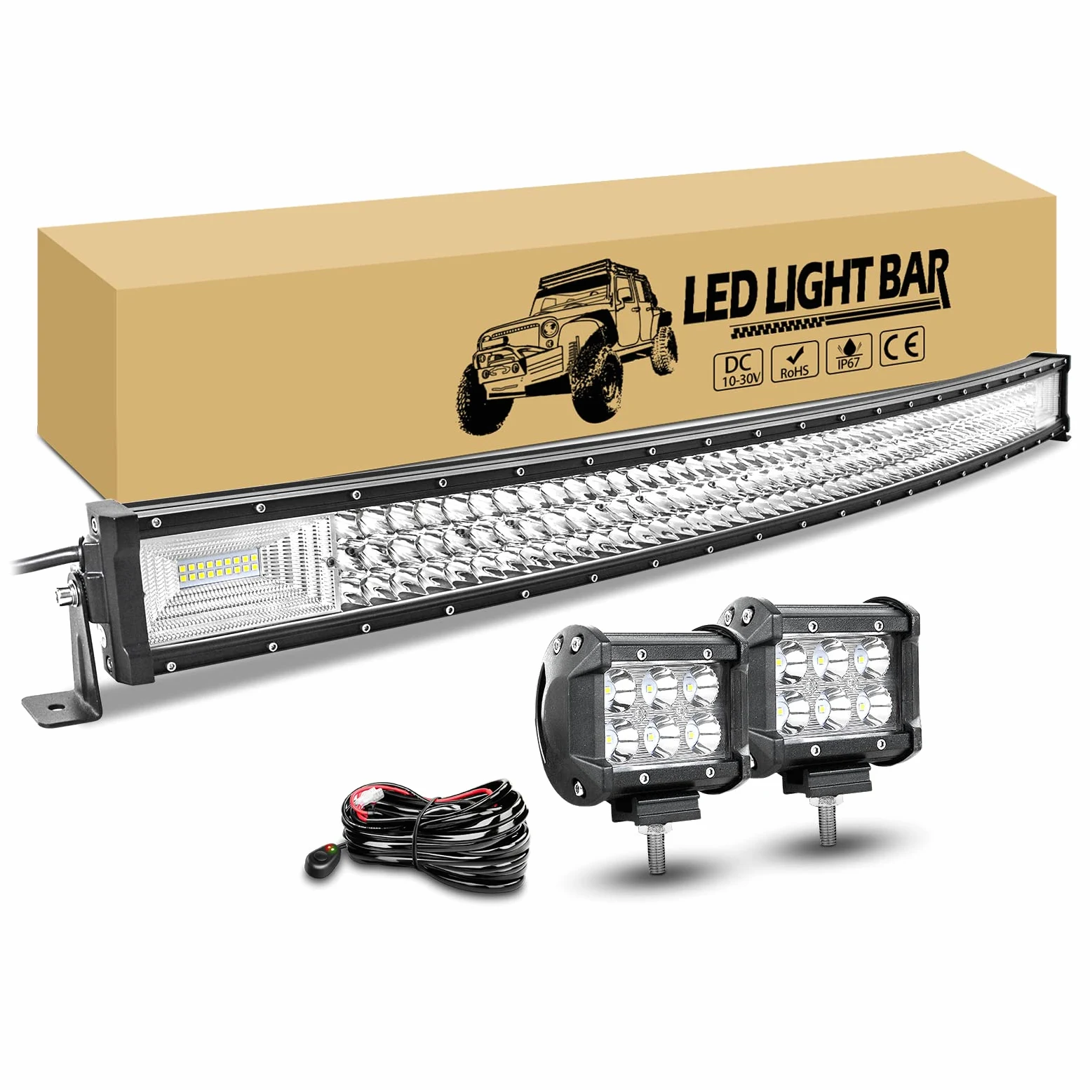 RIGIDON 42 Pulgadas 107cm 540W Curvada Barra de Led 4x4 con 12V Kit de cableado, 2pcs 10cm 18W Focos Led, Largo Alcance Barra Luminosas led para Coche Todoterreno Off Road Camión Tractor SUV | 42 pulgadas 540 W largo alcance Rampa Led, 2 x 4 pulgadas, 18