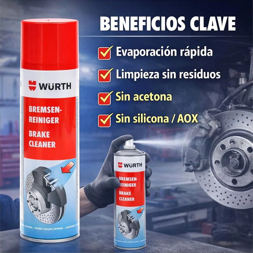 WURTH Limpiador de Frenos 500 ml – Pack de 12 Unidades – Spray Profesional para Limpiar Frenos, Embragues, Motores y Piezas Metálicas – Ref. 08901087
