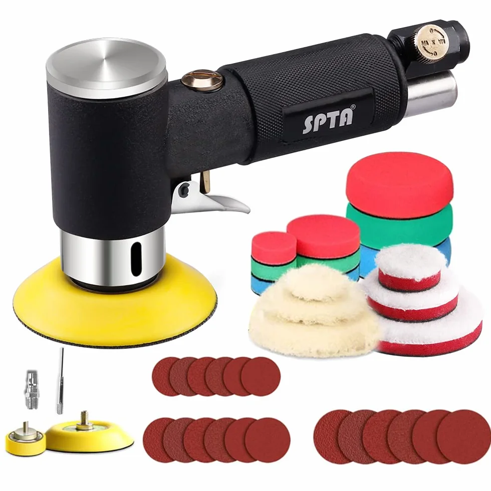 SPTA Lijadora de Aire Orbital Aleatoria 25mm 50mm 80mm, Mini Lijadora Neumática con 33 Almohadillas