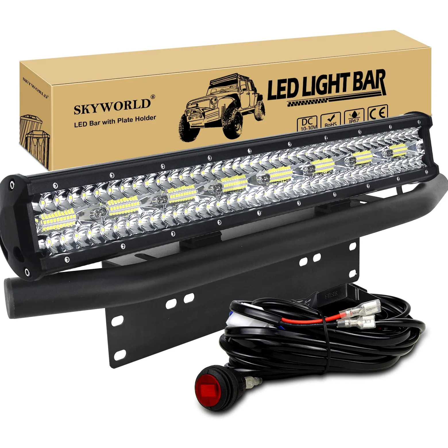 SKYWORLD Barra led 4x4, 23 pulgadas 59 cm 480W Barras LED Coche Faro led Focos 12v 24v trabajo con soporte de montaje de placa de matrícula, Toggle arnés de cableado Kit para Coche 4WD ATV SUV Camión