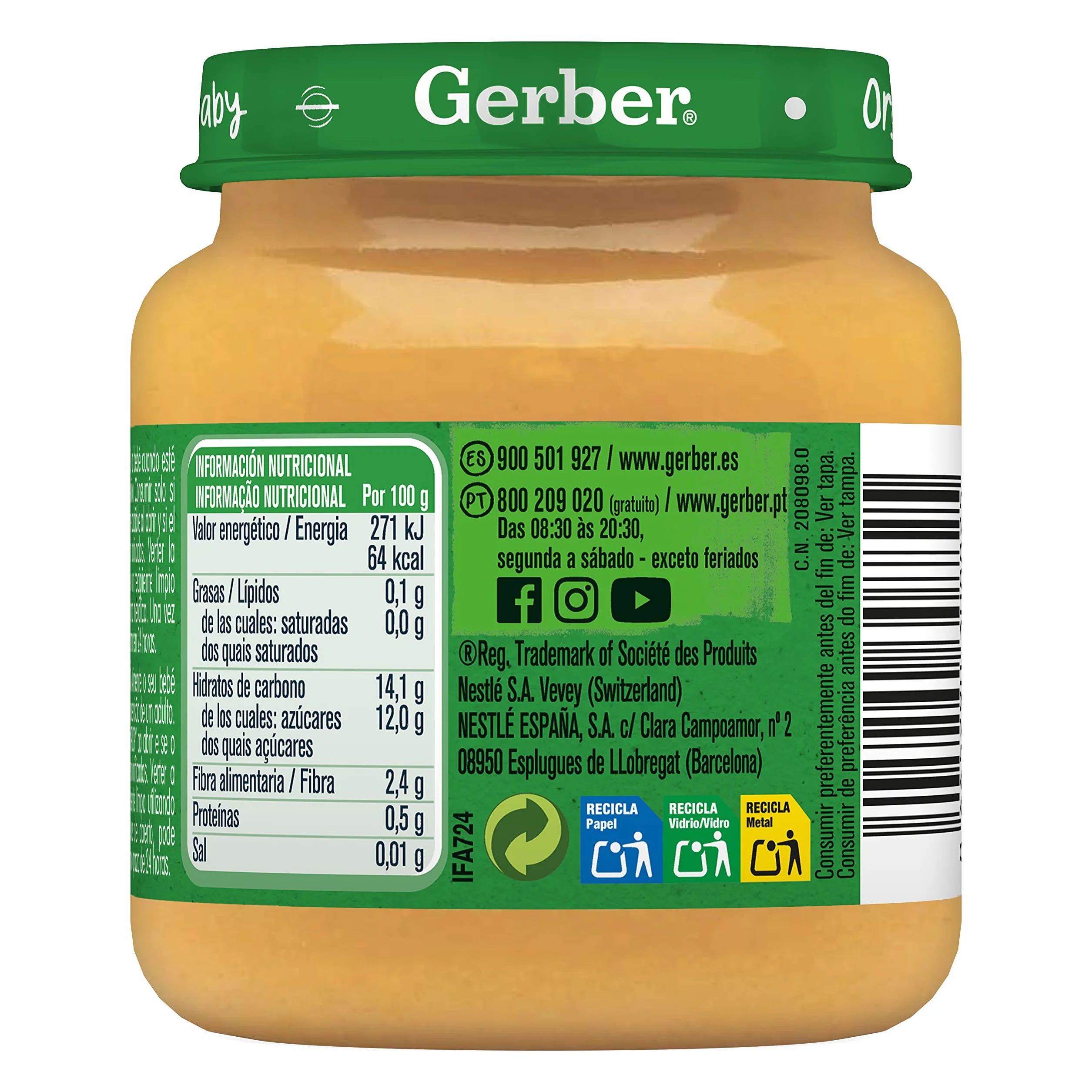 GERBER Organic Pera y Plátano Puré para Bebés 6x125g