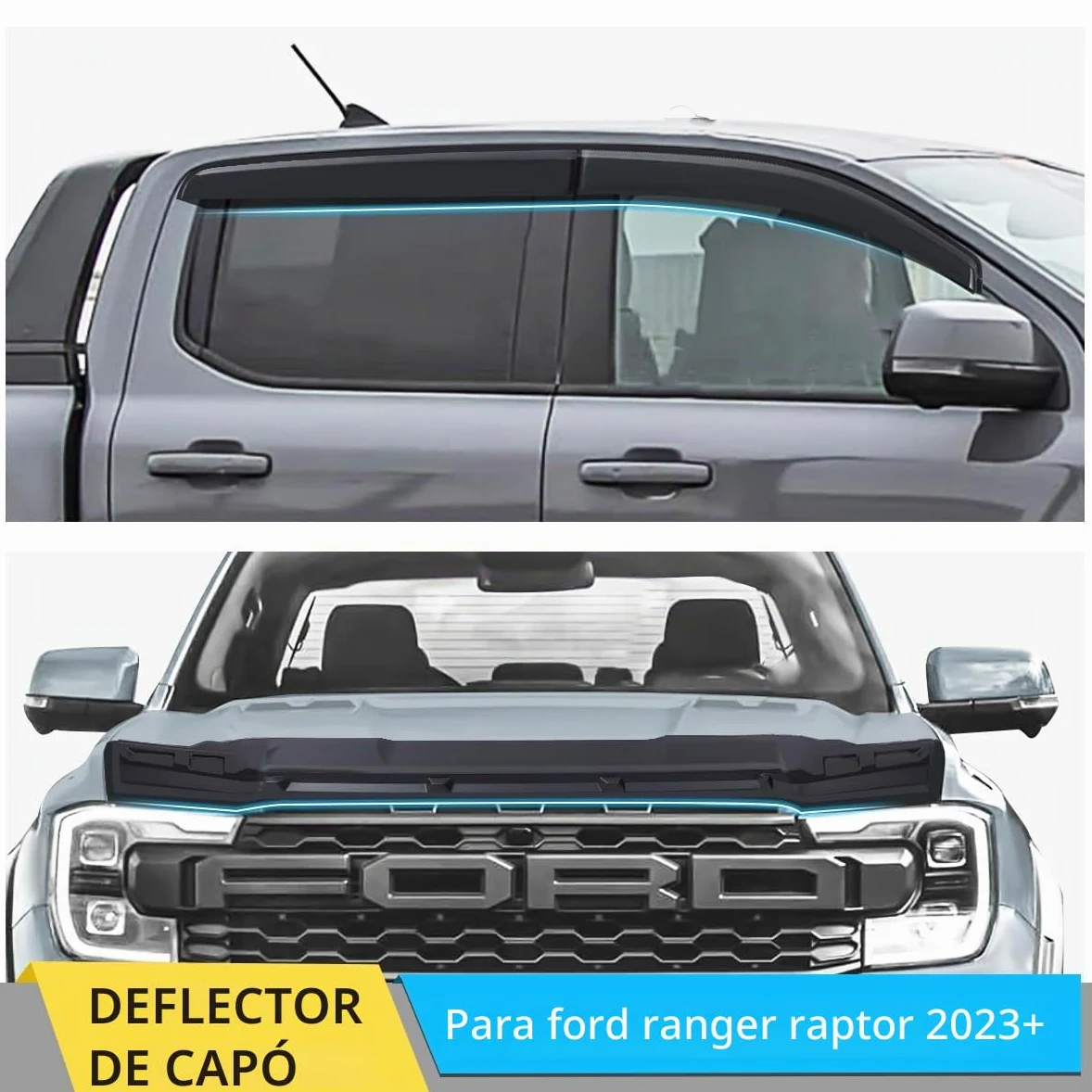 Protectores de capó y Deflectores de Viento Accesorios para Ford Ranger 2023-2024-2025 T9 Raptor Wildtrak Platinum XL XLT Limited Tremor Wildtrak X