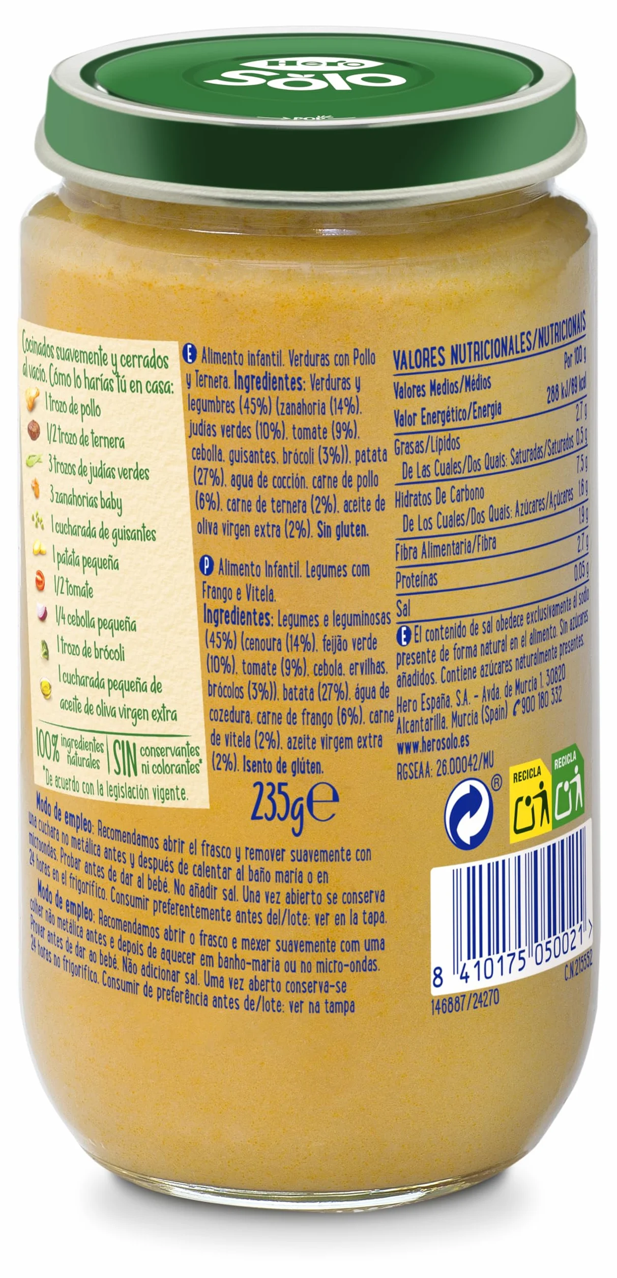 Hero Baby Tarritos de Verduritas con Pollo y Ternera 6+ Meses 235g