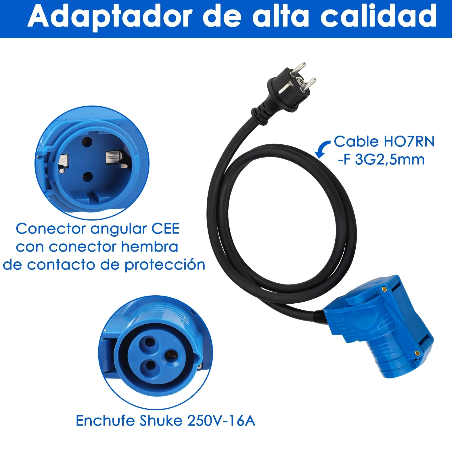 Cable Adaptador CEE acodado con Enchufe a Enchufe de protección de Contacto, Cable de 1,5 m, IP44, 250 V/16 A, 3 Polos, Toma de corriente angular cableable para Camping