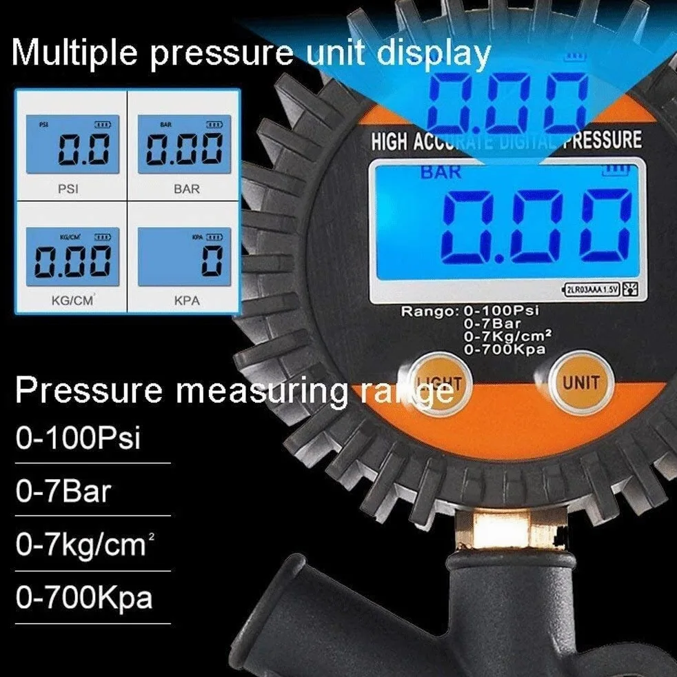 Manómetro Digital de presión de neumáticos, manómetro de Aire portátil de 100 PSI, portabrocas de Aire Resistente y Accesorios de compresor para camión, automóvil, Tubo Interior de Bicicleta