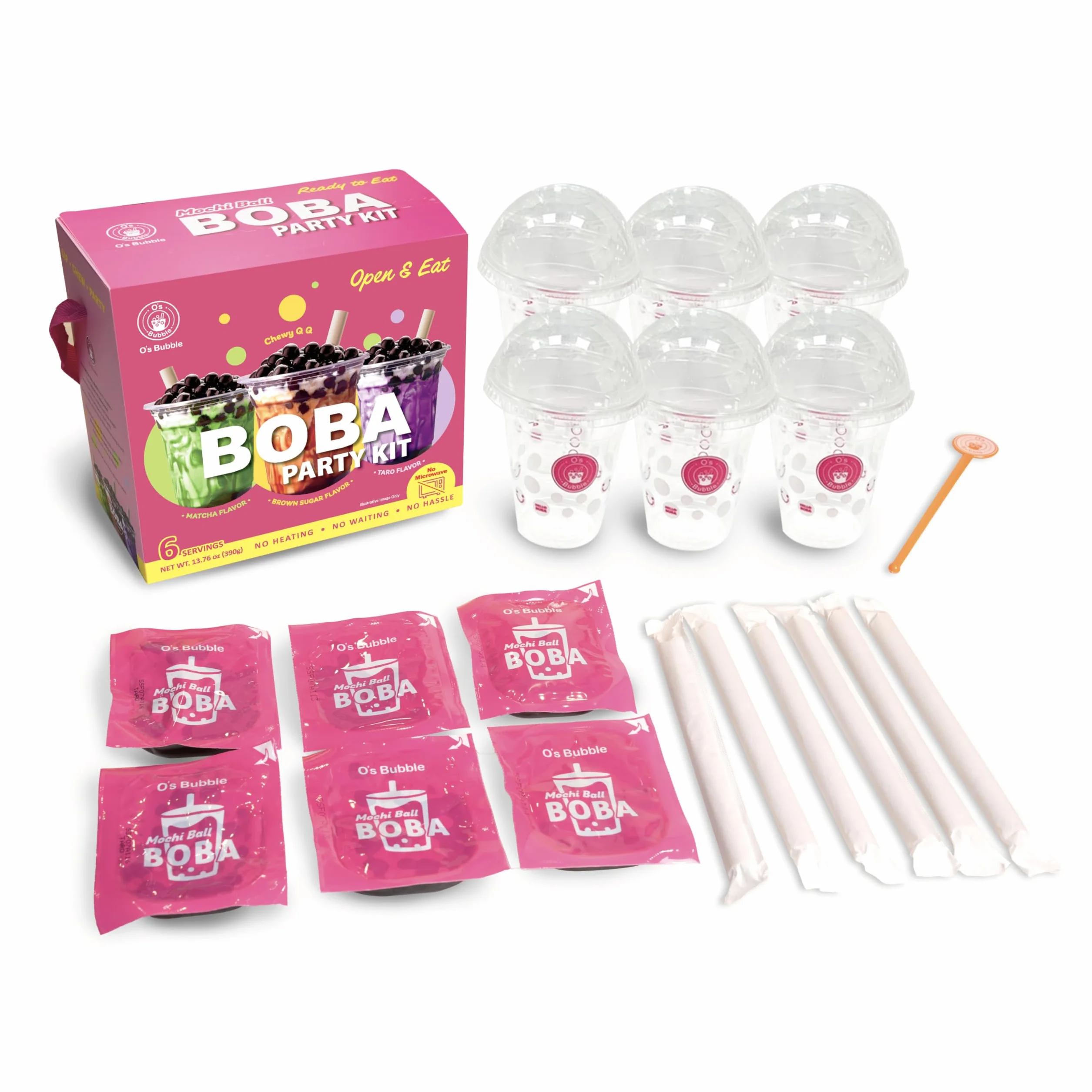 O's Bubble BOBA Party Kit 3.0 - Kit de té Boba todo en uno con Boba masticable - Sabores mixtos - Incluye tazas, popotes, agitador - 6