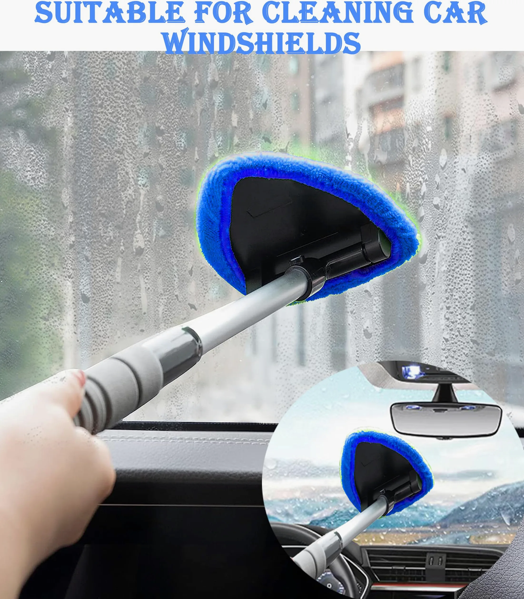 Herramienta de limpieza de parabrisas de coche, herramienta de limpieza de parabrisas de coche con almohadillas de microfibra reutilizables, kit de limpiaparabrisas de vidrio con mango extensible,