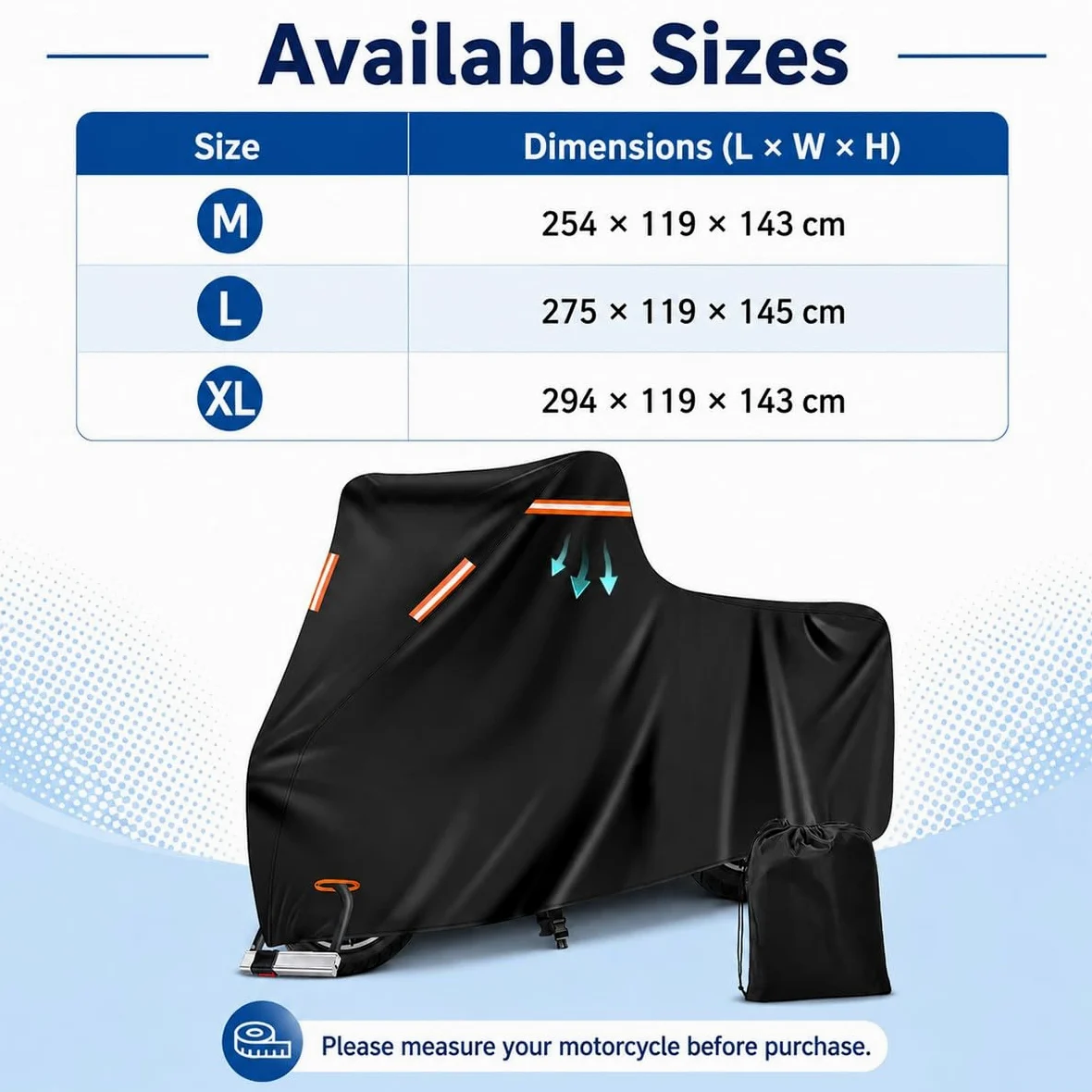 Funda Moto Impermeable Exterior Todas Las Estaciones, Cubierta de Moto Oxford con Orificio Antirrobo, Hebilla Cortaviento, Ventilación, Tiras Reflectantes y Bolsa