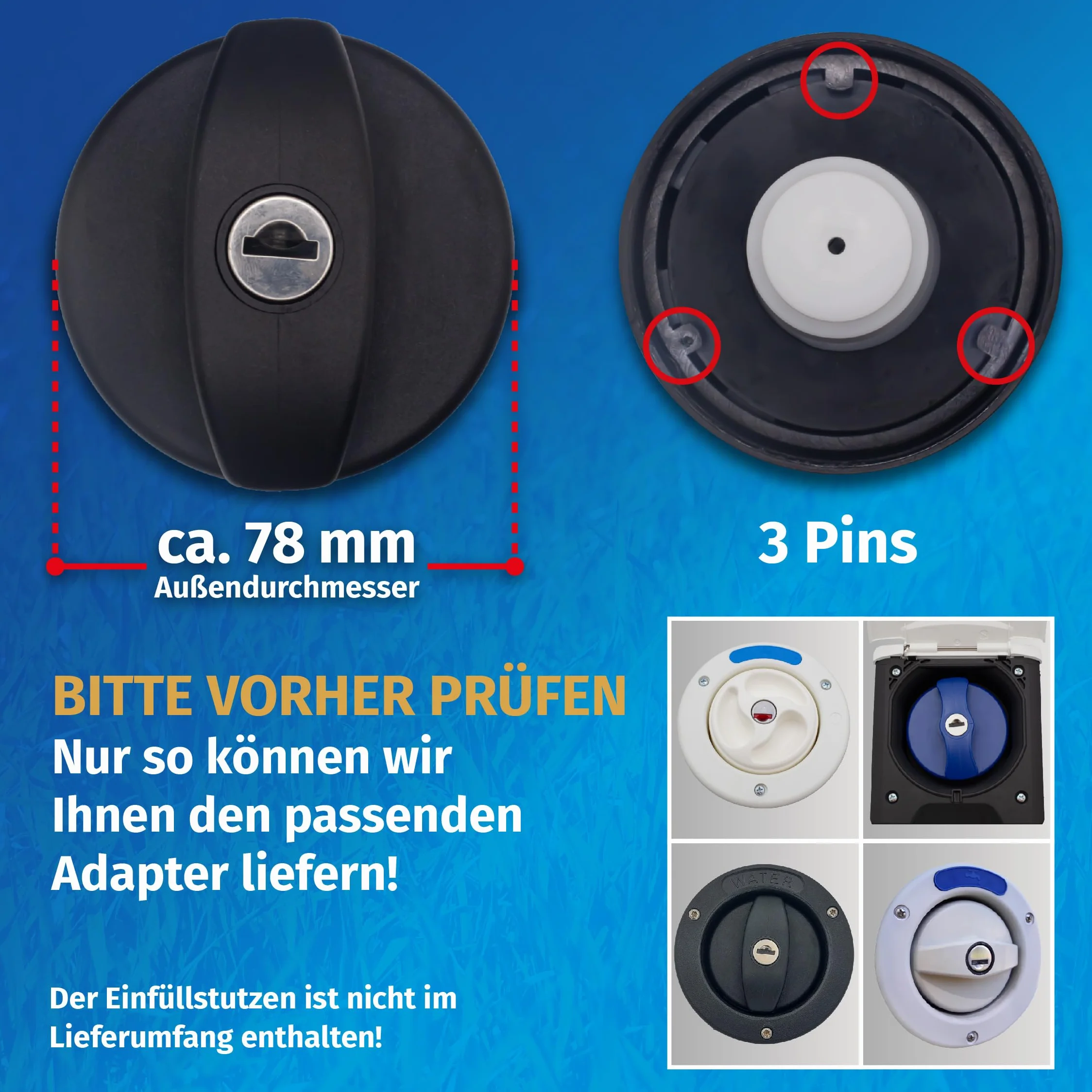 MaJoCompTec® CONNECT-30 Set de Tanque de Agua para Autocaravana | Accesorios de Tapa de Tanque para Caravana (Set de Conexión con Filtro, Paquete con Adaptador de Tanque de Agua 3 Pin D:78)