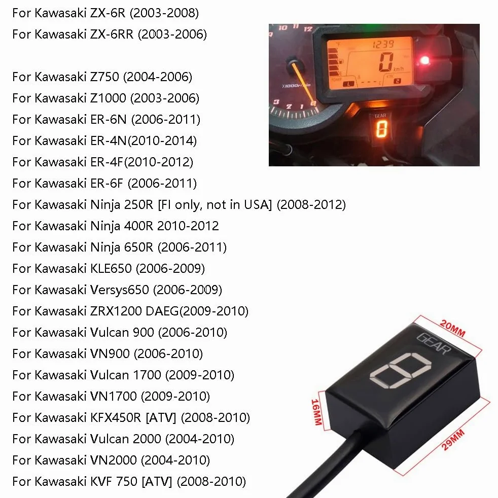 Indicadores de marcha LED Plug and Play de 1 a 6 velocidades, resistente al agua para Kawasaki ER6F ER6N ER-6N Ninja 250R 400R 650R ZX6R ZX-6RR Vulcan 650 VN900 Z750 Z1000 KLE650 VN1700 VN2000