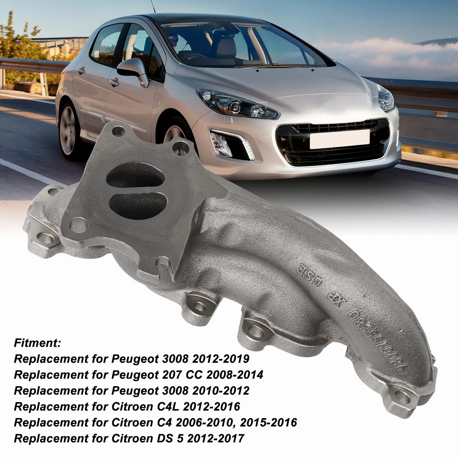 Colector de Escape Colector de Escape del Motor V759703180 Reemplazo de Colector de Gas de Escape de Metal para Peugeot 3008 207 CC 308 SW RCZ Juego de Juntas de Colector Kit de
