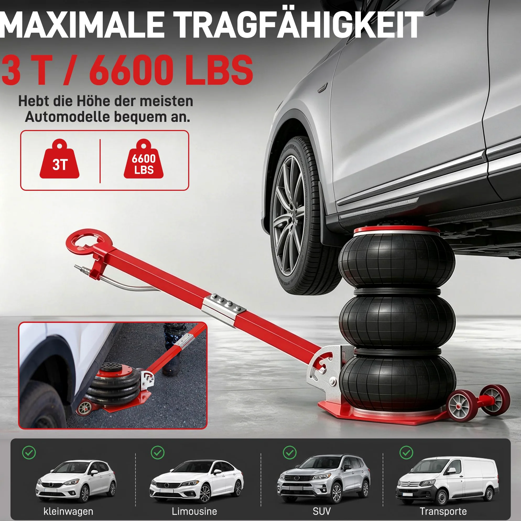 Froadp Gato Neumático de Aire Gato de Aire 3T 6600 libras con Mango Ajustable Caballete Cojín de Aire Gatos de Reparación de Automóviles y Gatos de Suelo para Coches y Todoterrenos (Rojo)