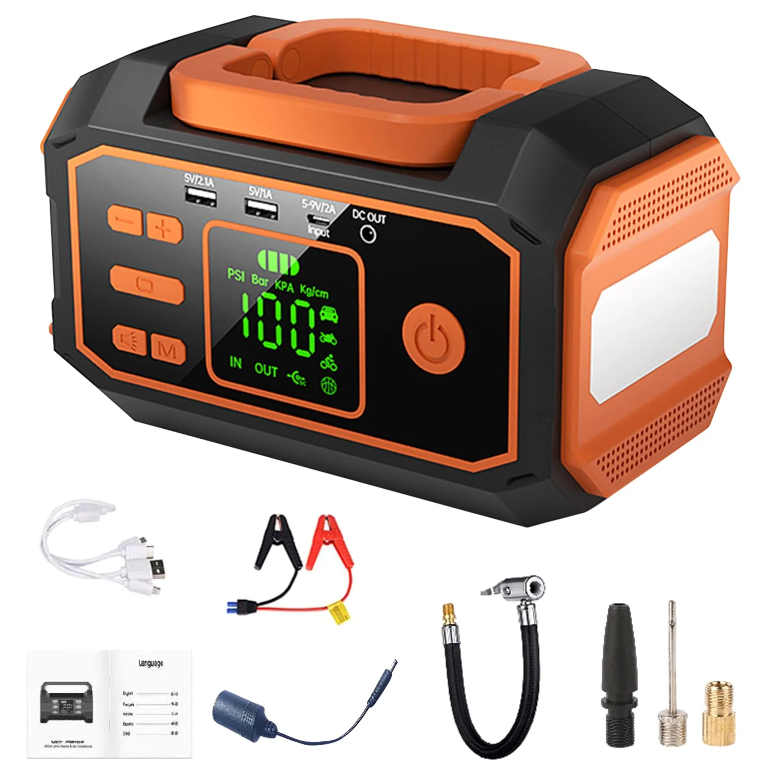 Inflador De Neumáticos Compresor De Aire Automotriz con Luz LED | Bomba De Neumáticos Con Manómetro Digital Para Autocaravana Camping Bicicleta Motocicleta Vehículo SUV Camión Garaje En