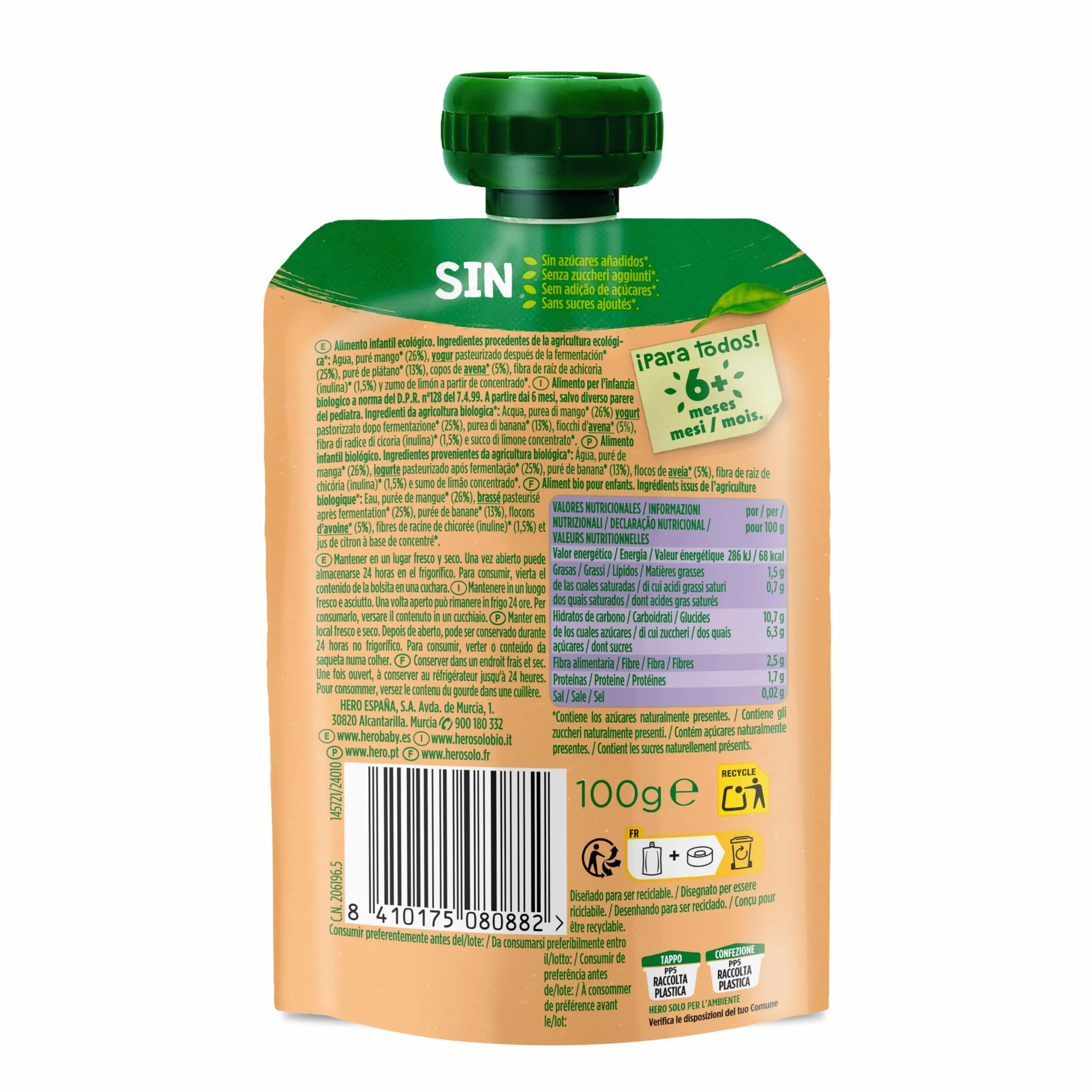 Bolsitas Ecológicas de Mango, Platáno, Yogur y Avena 100gr Hero Solo
