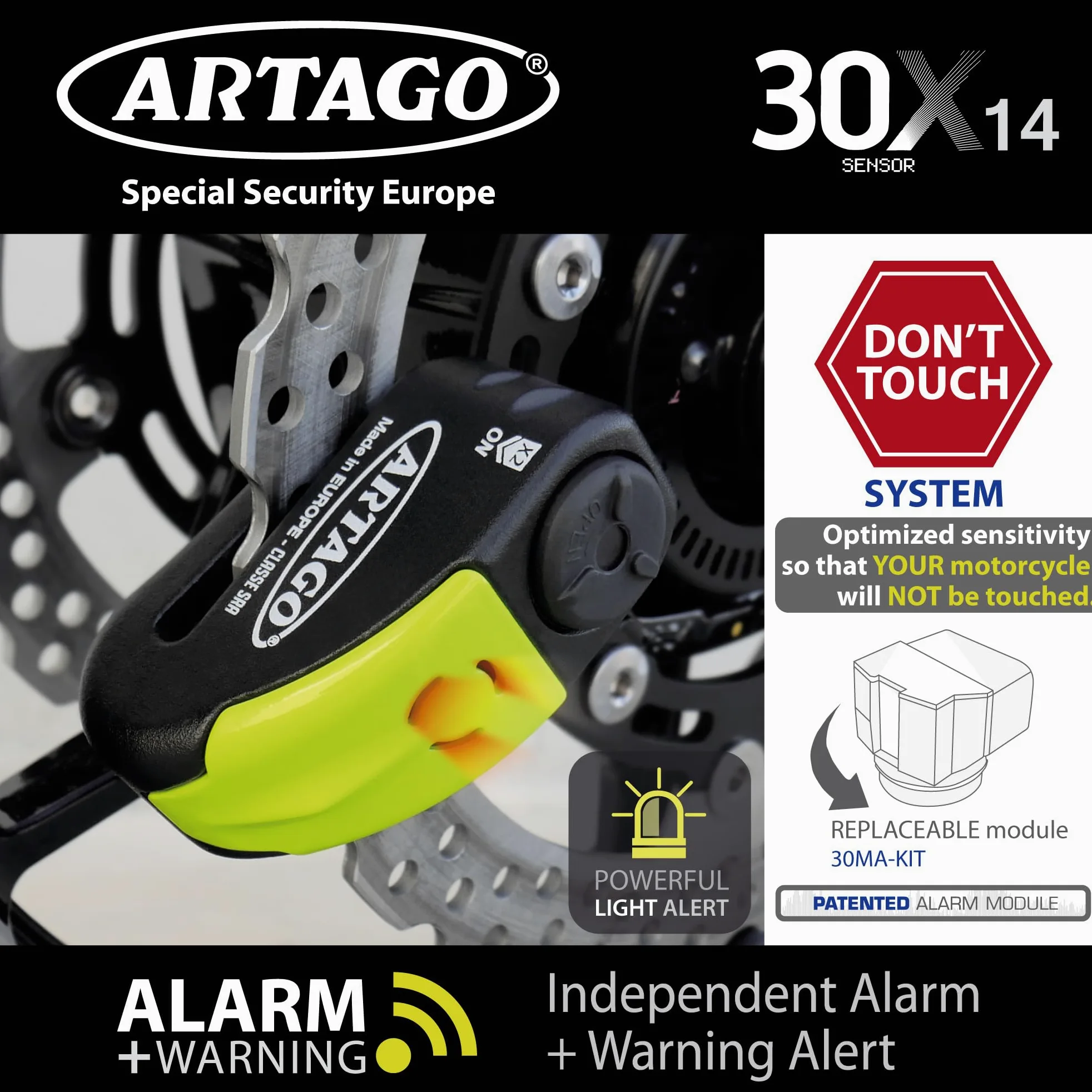 Artago 30X7 Pack Candado Antirrobo Disco con Alarma 120db Alta Seguridad + Soporte para Honda CB650F y CBR650F, Homologado SRA y Sold Secure Gold