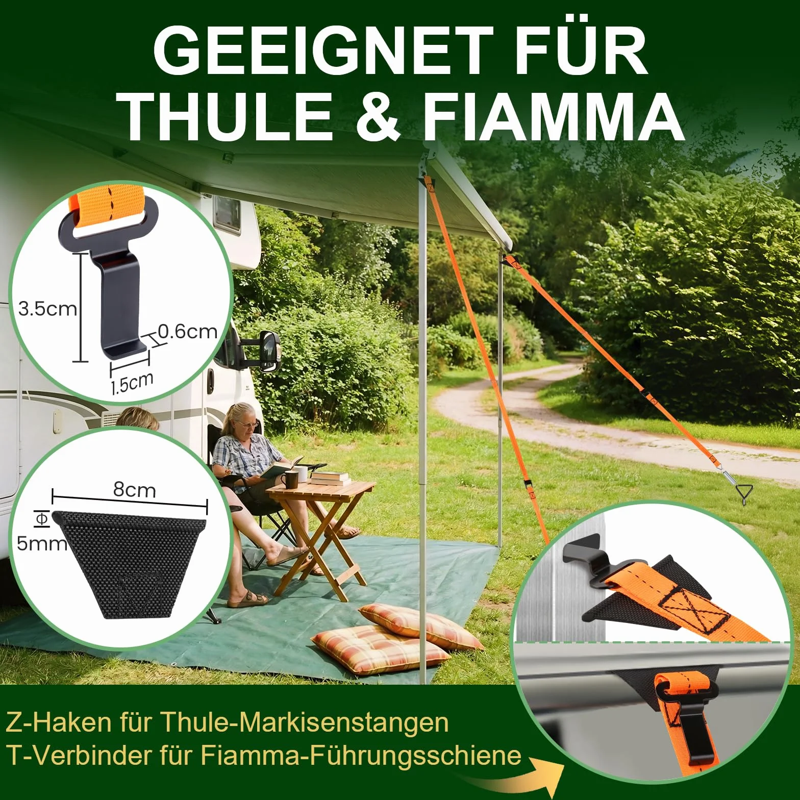 Juego de toldos de cinta para tormentas Thule/Fiamma con anclaje de suelo en espiral de 39 cm, protección contra tormentas, accesorios para carpas de autocaravana, resistencia al viento, duradero