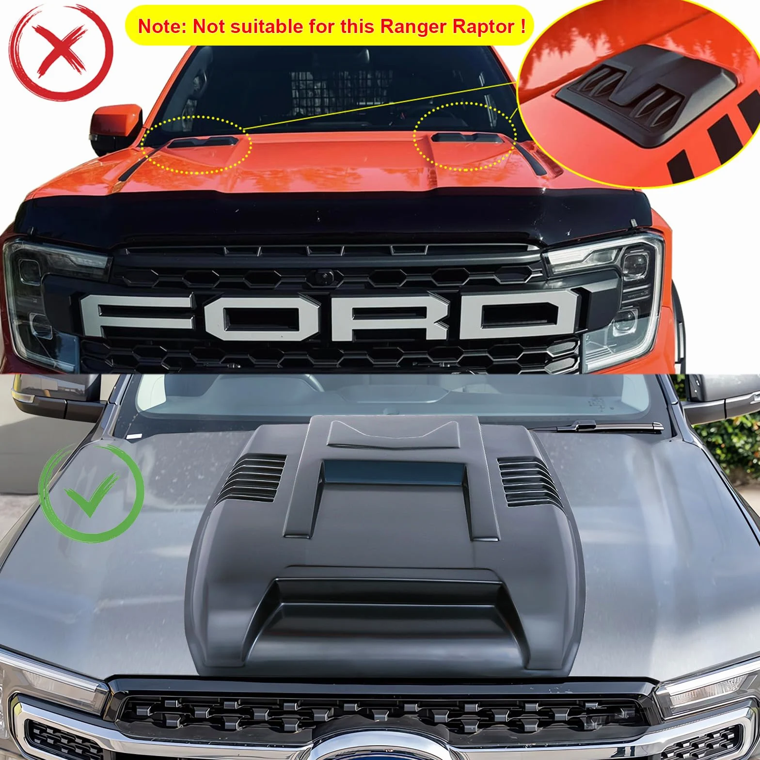 Pala grande para capó Protector de capó para Ford Ranger 2023-2024-2025 Wildtrak Limited XL XLT Tremor Platinum T9 ABS Paneles de capó