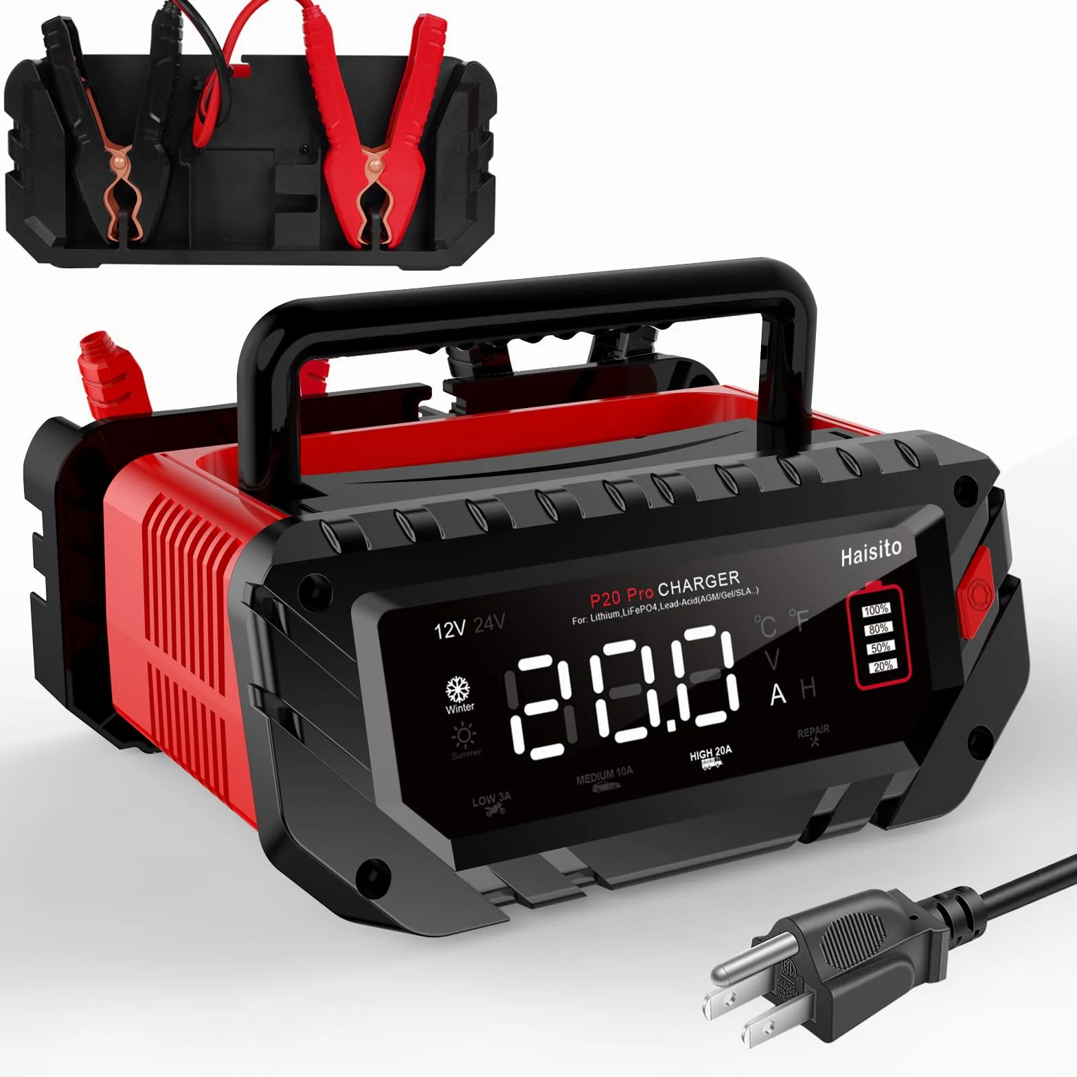 Haisito Cargador de batería de coche P20Pro, 12 V, 24 V, 20 A, cargador inteligente para baterías de iones de litio LiFePO4, baterías de plomo-ácido (AGM, GEL, EFB, MF, etc.), barcos, camiones
