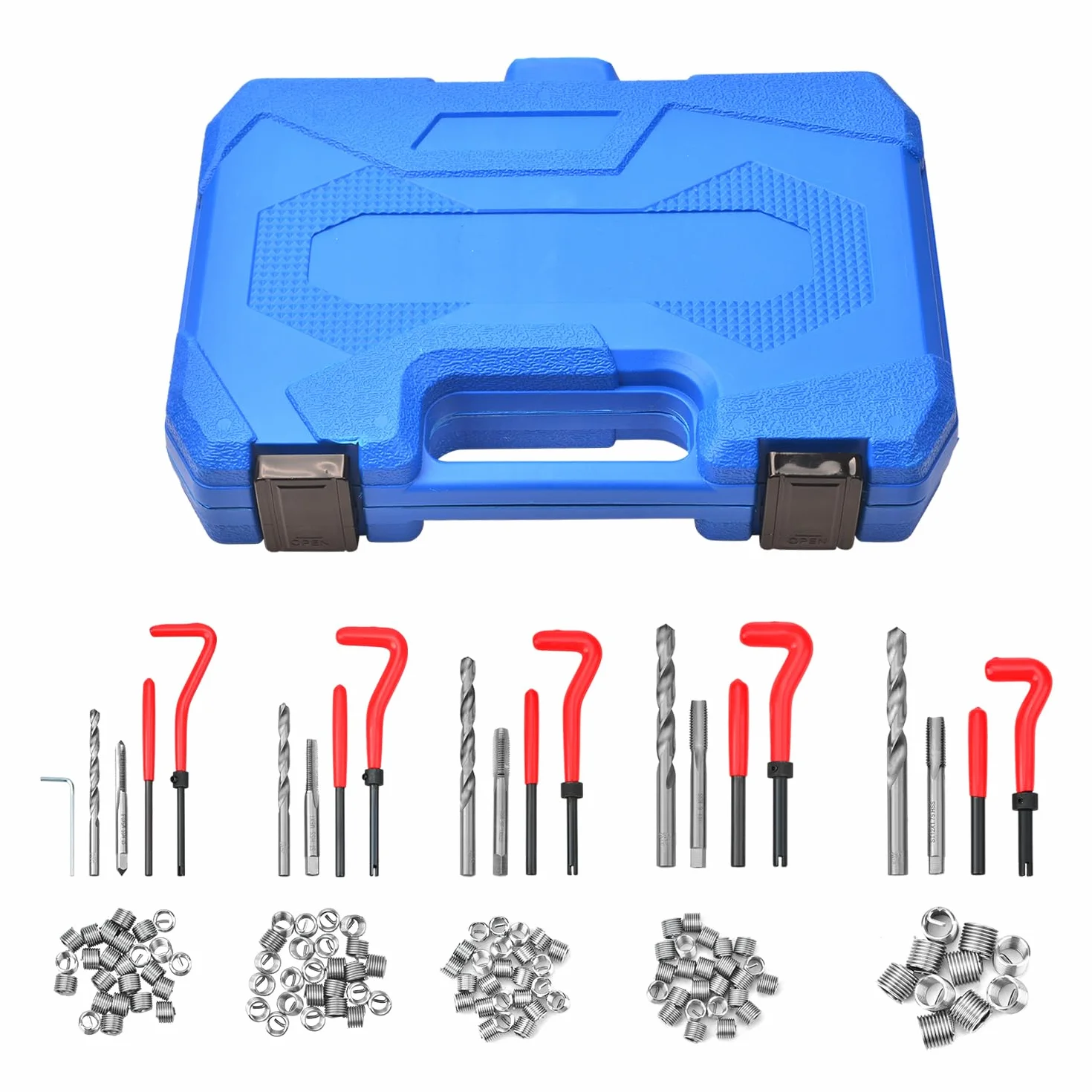 Kit de reparación de rosca helicoil, 131 piezas, métrico M5 M6 M8 M10 M12 con herramienta de reparación de inserción de rosca de taladro HSS