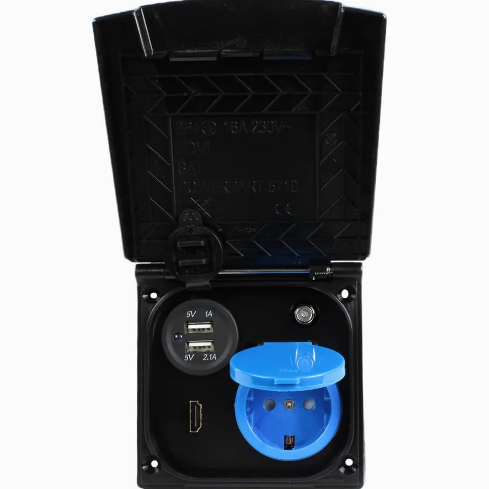 Enchufe exterior multifunción para autocaravana, caravana, camper, 220 V, 230 V, antena satélite, USB, HDMI, color negro