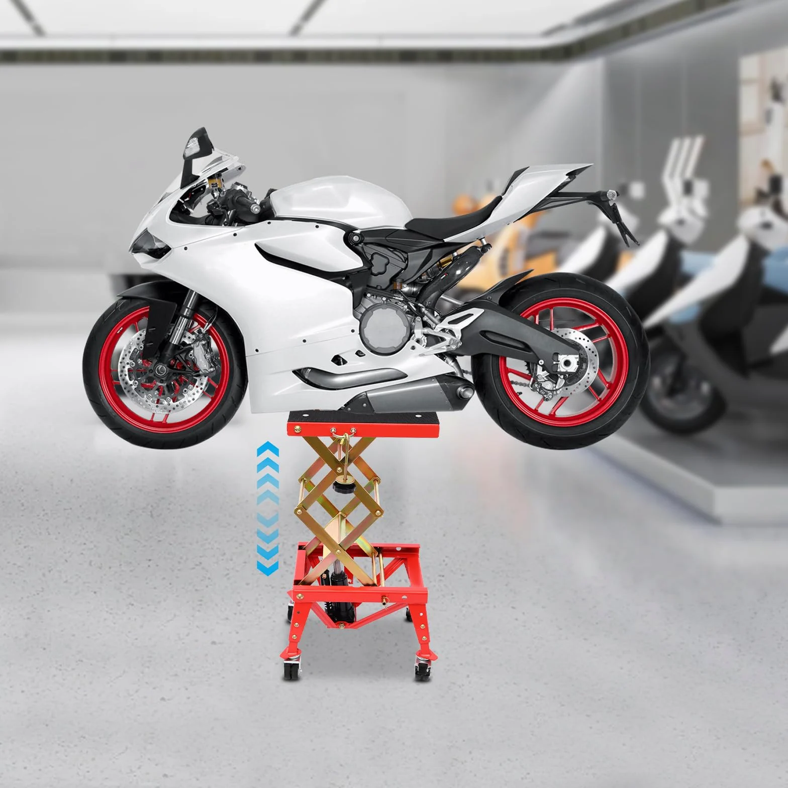 Elevador de motocicleta, con ruedas universales, capacidad de carga de hasta 160 kg, ajustable 305 – 800 mm, plataforma elevadora de moto, para talleres de reparación de coches, tiendas de
