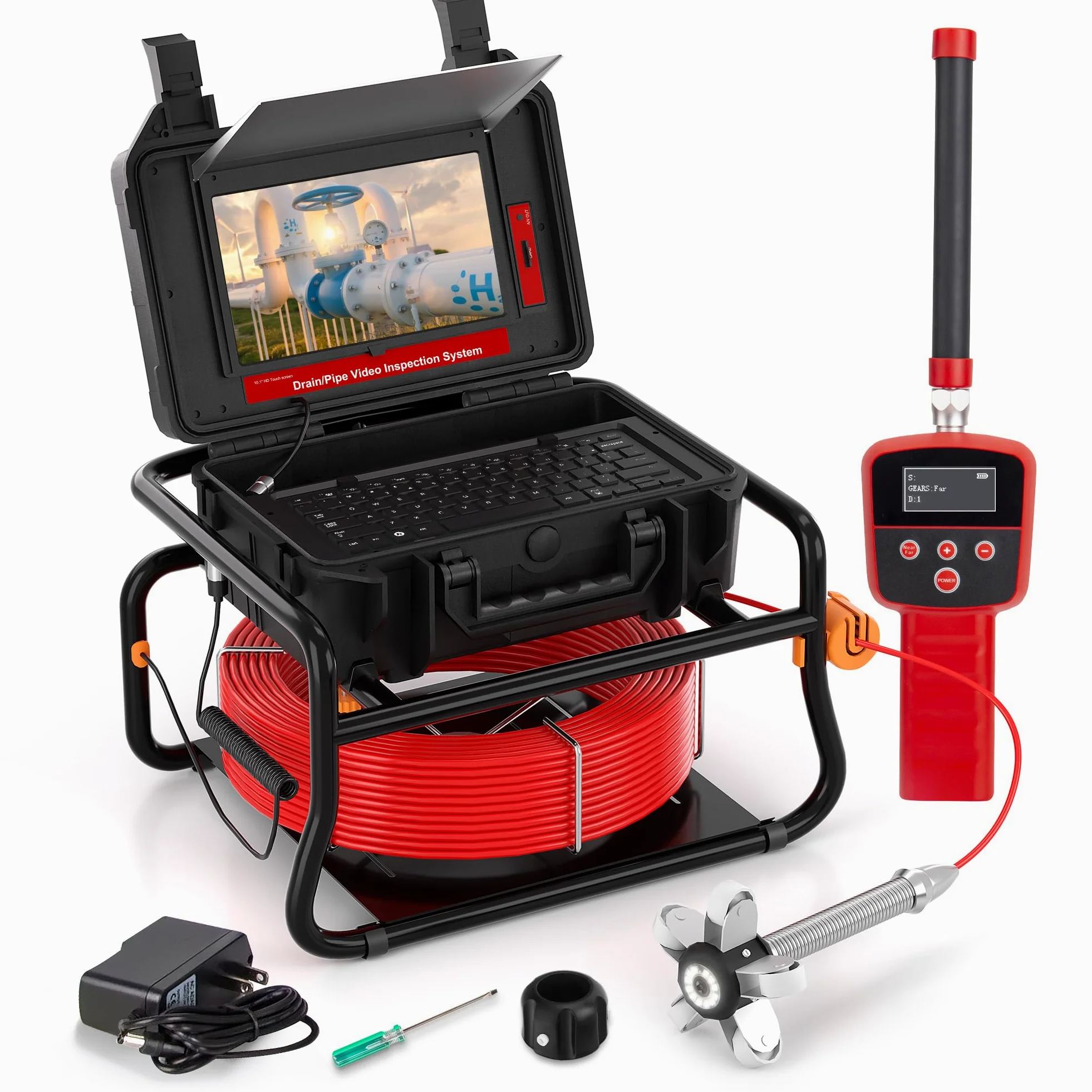 Camara Inspeccion Tuberias con Localizador de 512 Hz, Pantalla Táctil de 10.1 Pulgadas 1080P, Camara Tuberias con Autonivelación y Transmisor, Cámara de Inspección con Grabador de Audio