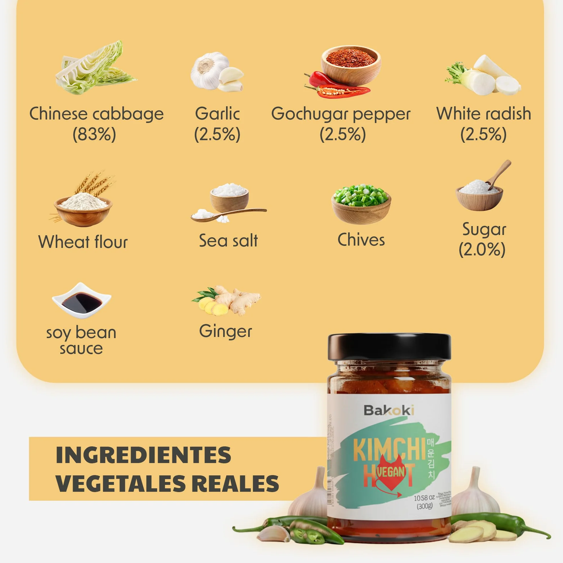 Bakoki Premium 매운 김치 Hot‑Kimchi VEGAN Gochugaru kimchi coreano picante repollo napa fermentado tradicional probiótico umami 2 x 300 g