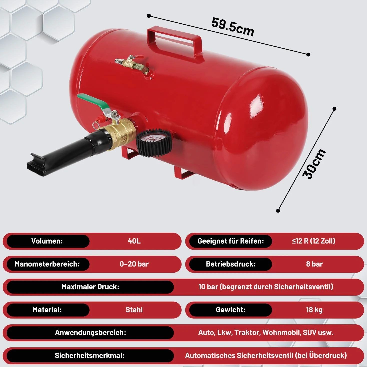 Inflador de neumáticos de 40 L, 300 x 595 mm, presión de trabajo 8 bar, máx. 10 bar, para coches, camiones, caravanas y vehículos todo terreno