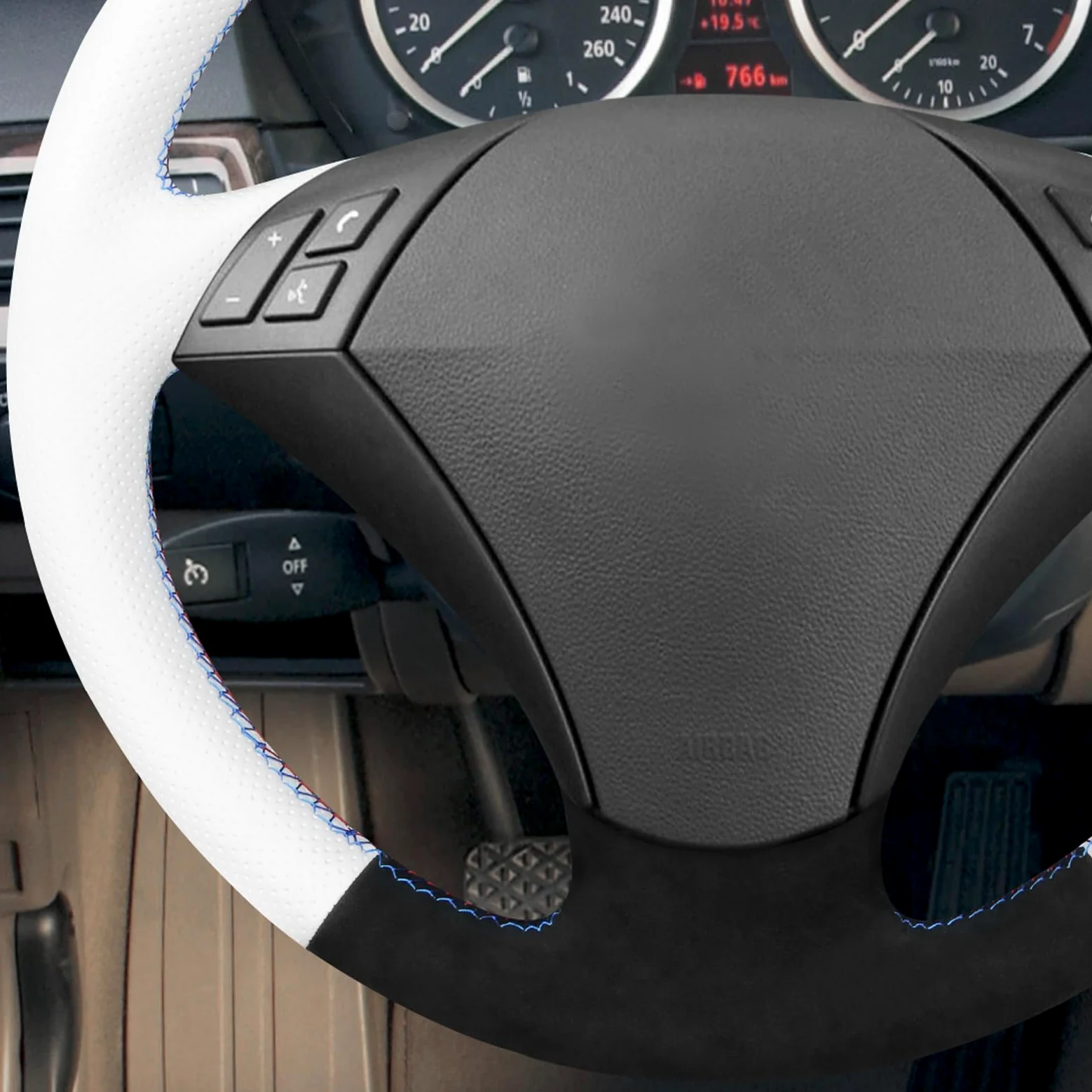MEWANT funda para volante de cuero blanco con costura DIY para E60 (sedán) 530d 2003-2009 E61 (touring) 2004-2009 Accesorios para volante para E60 530