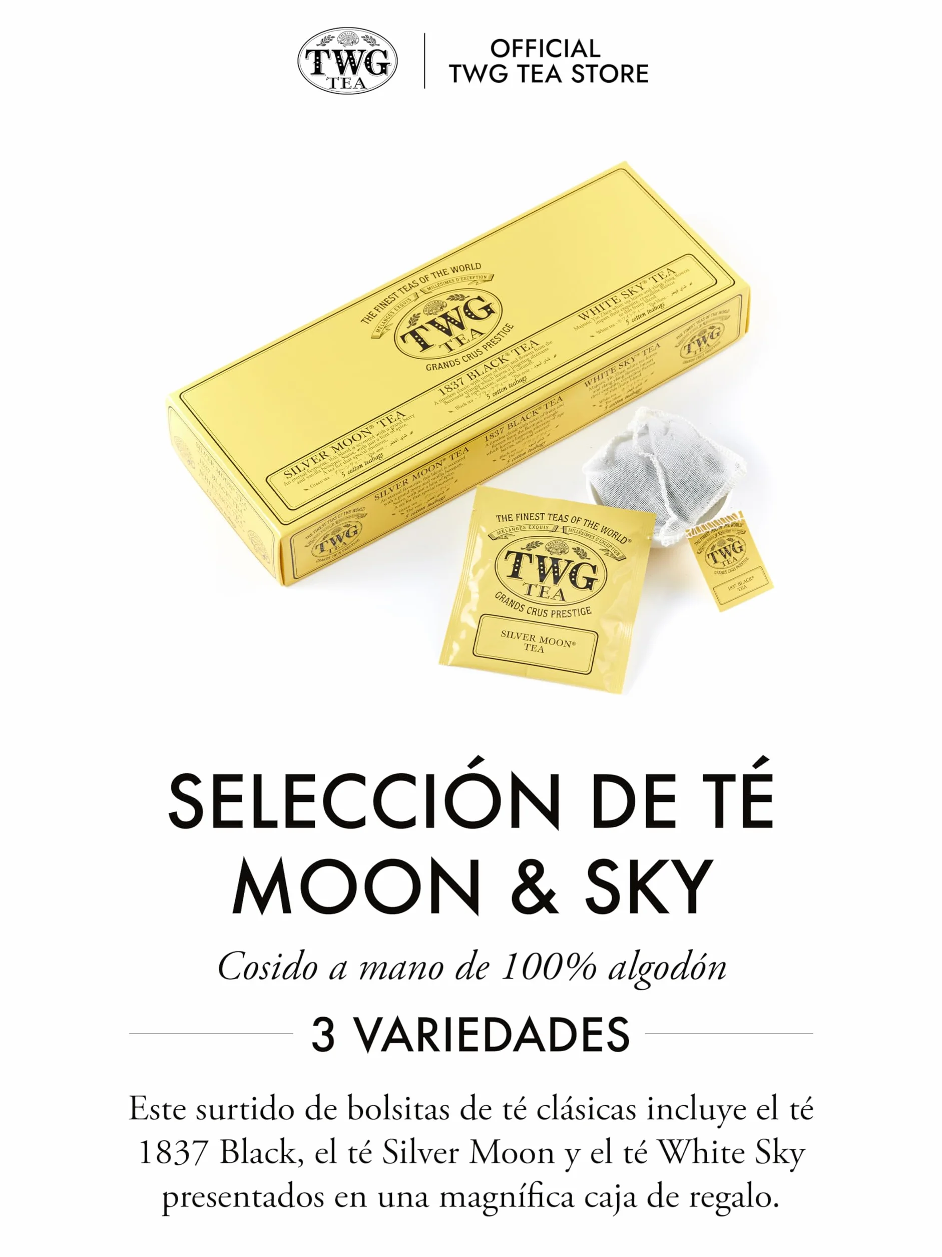 TWG Tea Moon & Sky Selection 3 Variedades Mezclas de Té Exclusivas 15 Bolsitas de Té de Algodón Caja de Regalo