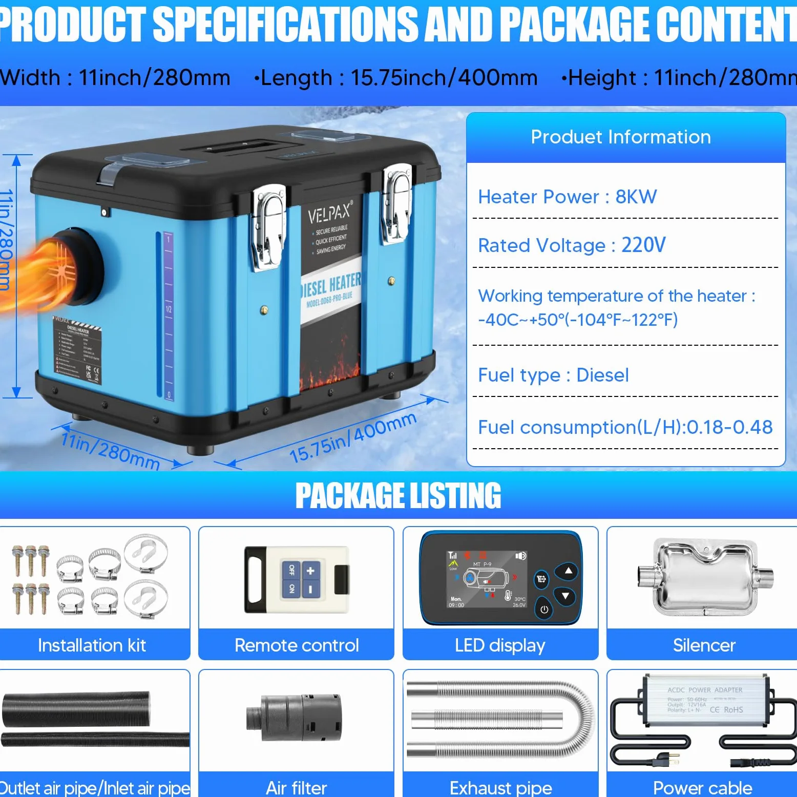 VELPAX Calentador Diésel Portátil Todo en Uno 12 V 24V 220V 8KW,Bluetooth App Calentador de Aire Diesel 0,16-0,52 L/h LCD de Control Remoto,Adecuado para Autocaravanas,Coches,Camiones,Autobuses