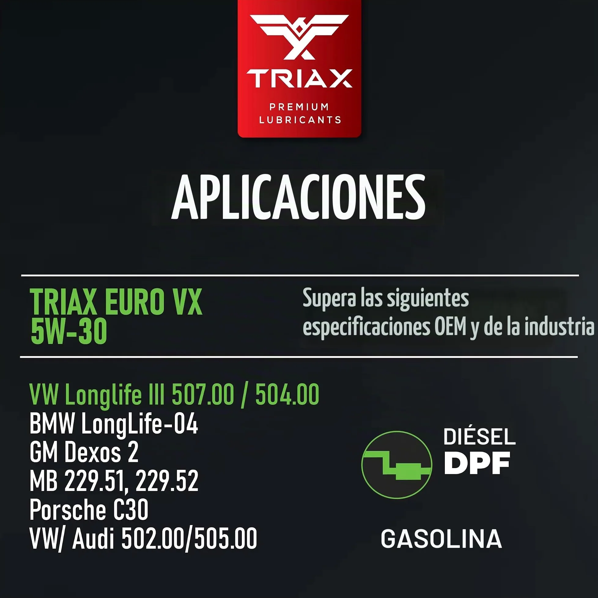 Triax Euro Ultra VX 5W-30 Aceite totalmente sintético, con base de PAO/ésteres, Compatible con VW 507.00/504.00, VW Audi 502.00, 505.01, BMW LL-04, C30, ACEA C3, Mercedes 229.51, 229.5, 229.31