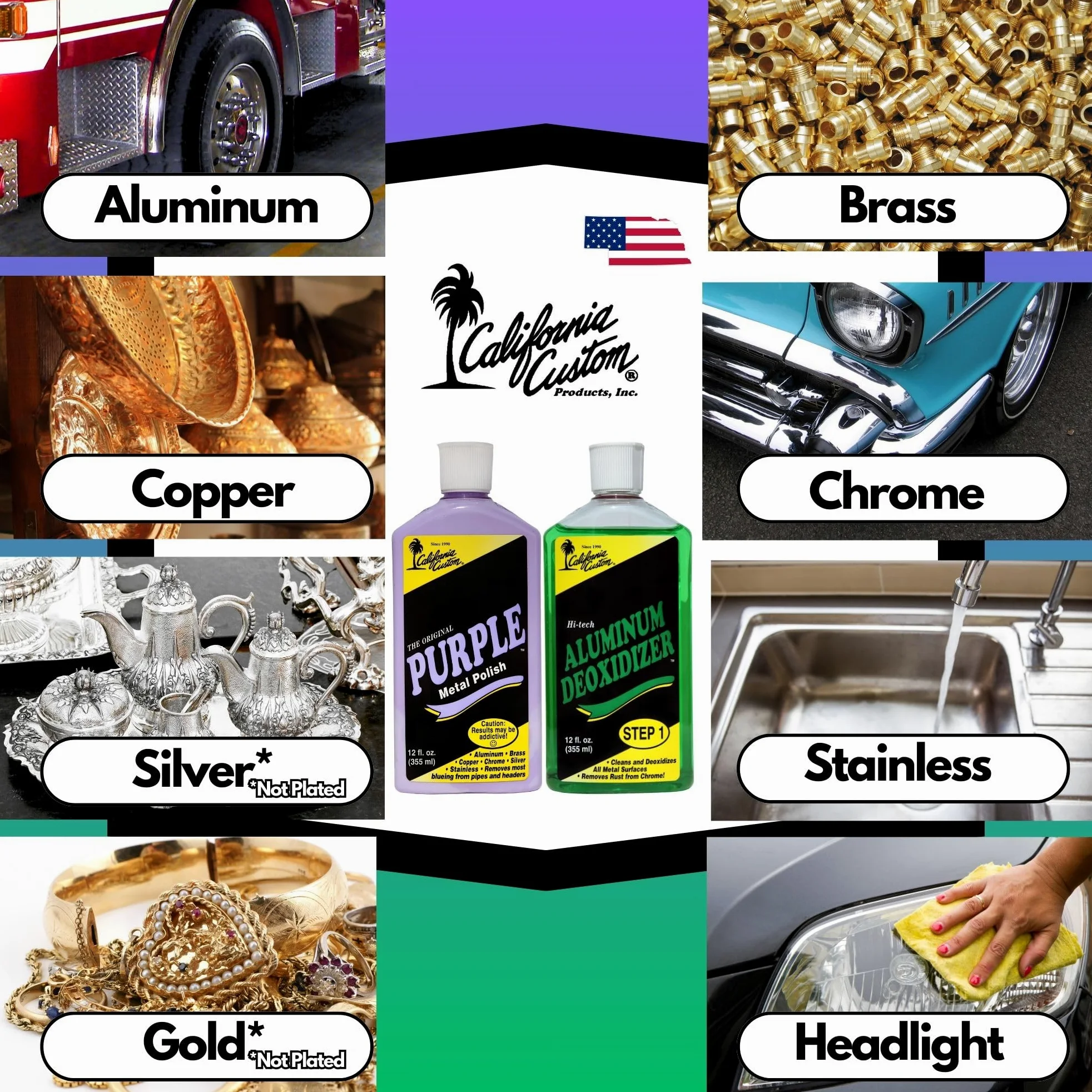 CALIFORNIA CUSTOM Productos: esmalte de metal violeta + desoxidante de aluminio, sin silicona, seguro para carrocería, ideal para aluminio, latón, cobre, cromo, plata, acero inoxidable y oro