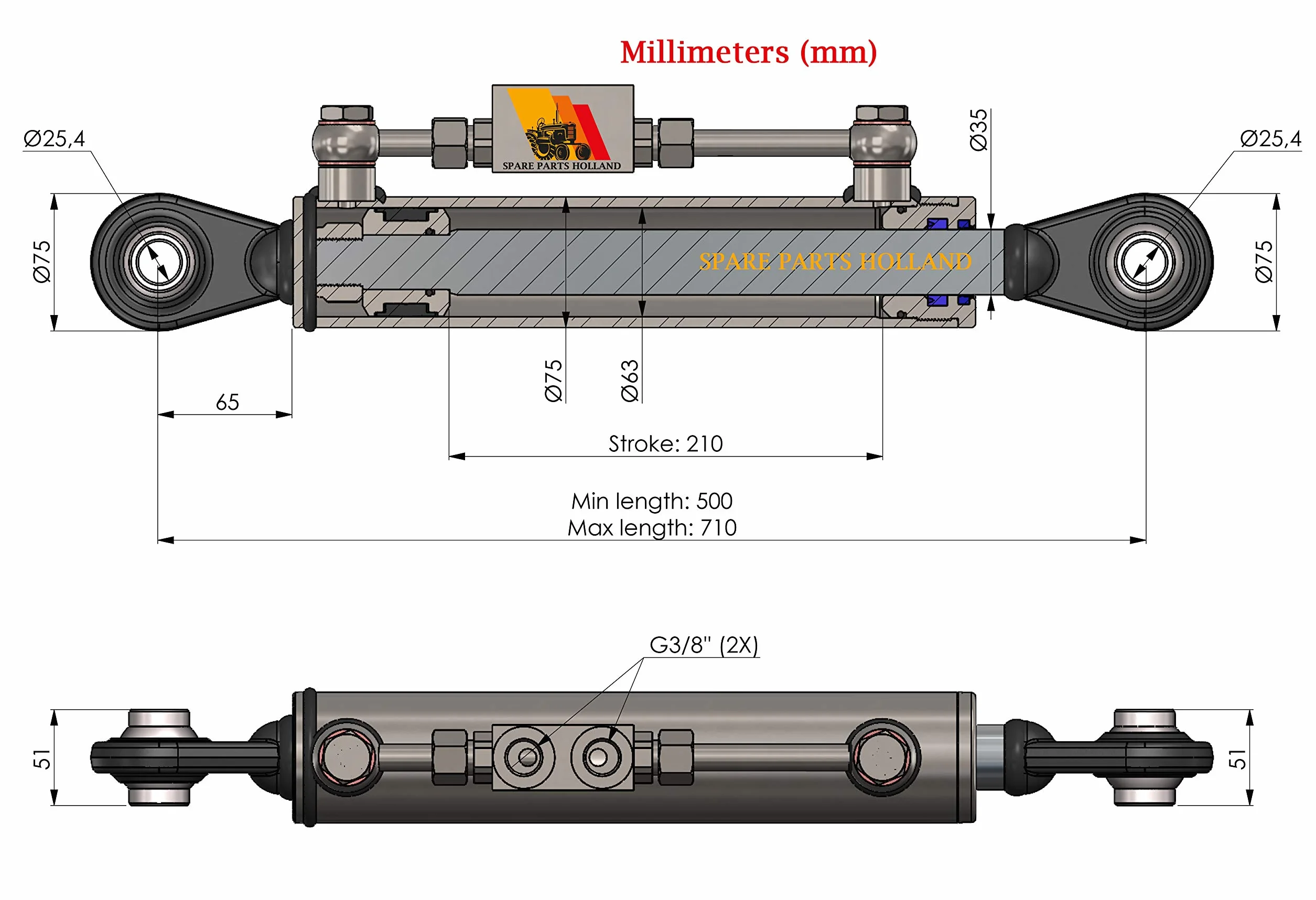 Tercer Punto Hidráulico Cat 2 (500-710 mm) con Bloque de Bloqueo y 2 Mangueras