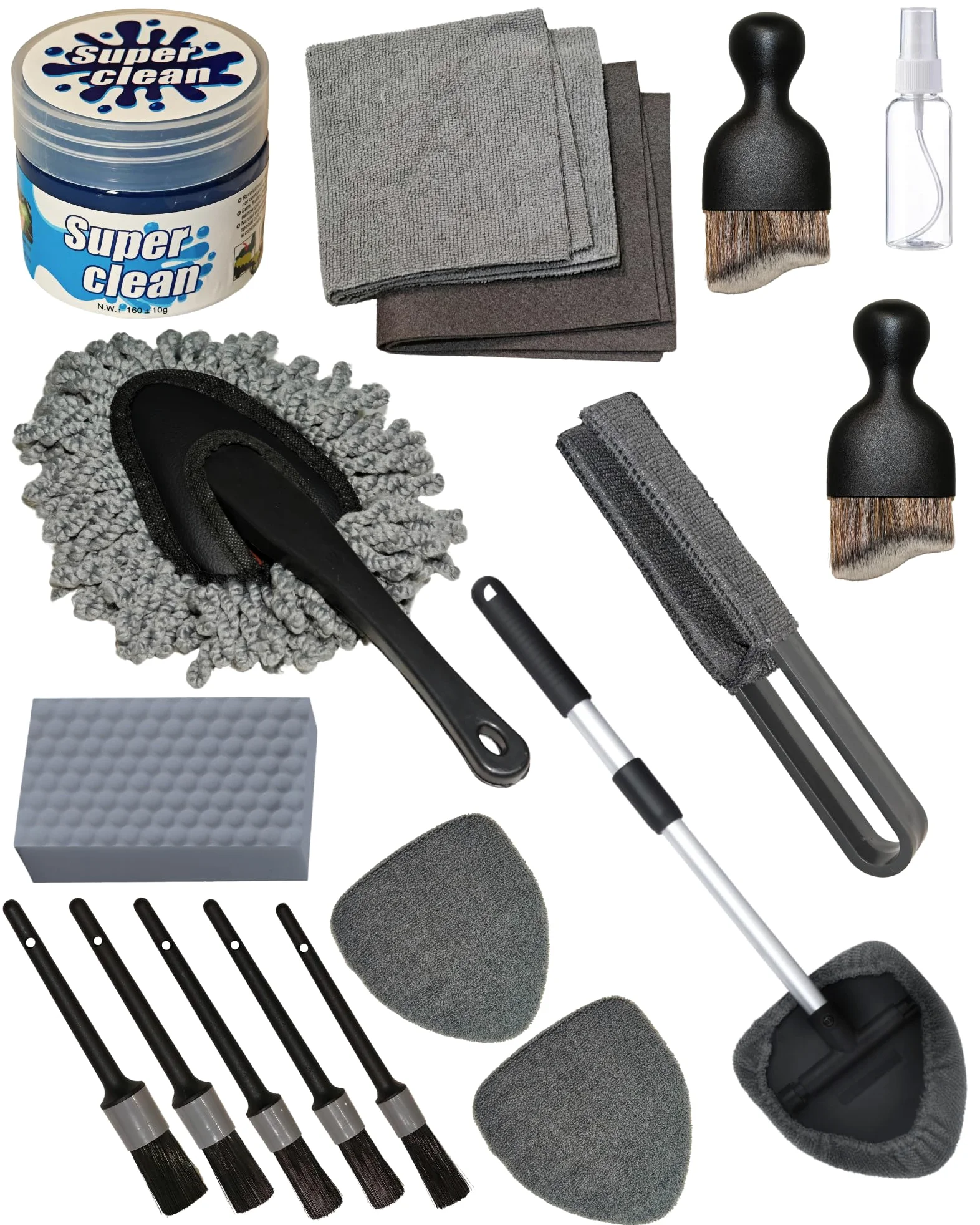 oesee Kit profesional de 18 piezas de limpieza todo en uno para ventanas, salpicadero, rejillas de ventilación, cepillo limpiador de parabrisas, esponja mágica, paño de gamuza, cepillos de detalles y