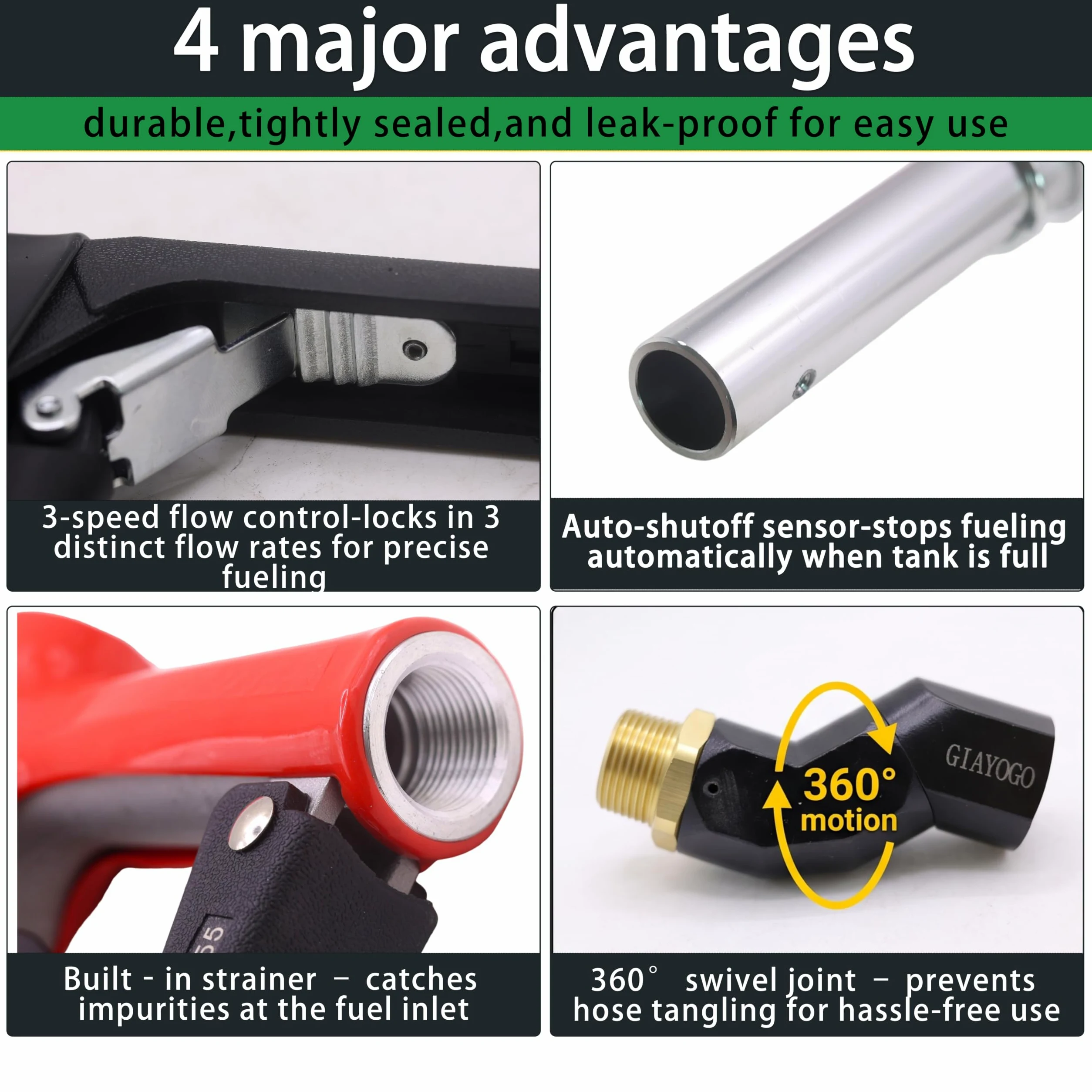Boquilla de combustible de apagado automático NPT rojo de 3/4 pulgadas, giro de manguera de combustible, flujo alto de 16 GPM, protector de mano BP, gancho para colgar boquilla de 13/16