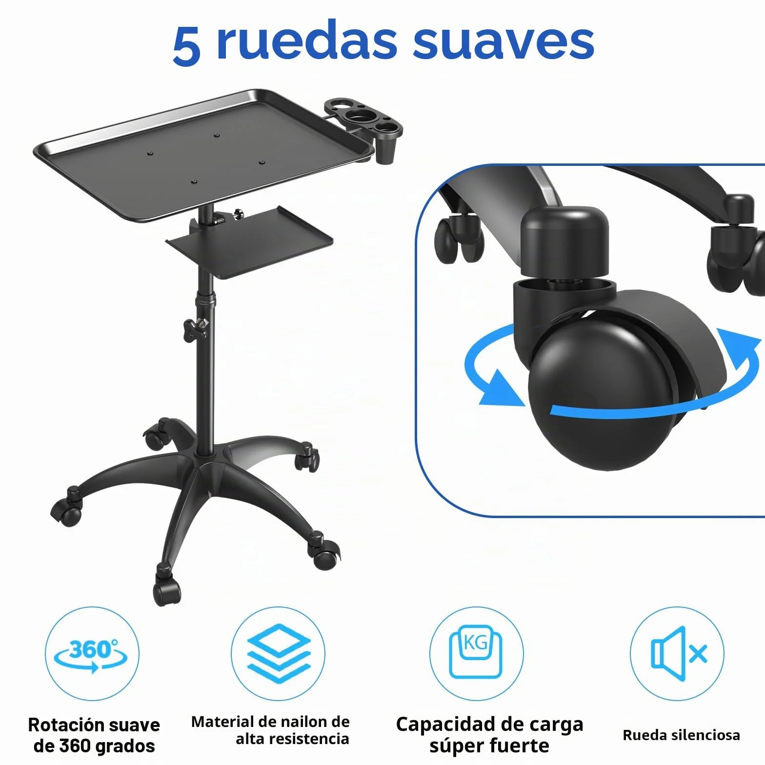 Carrito de bandeja de salón con plataforma de almacenamiento, aluminio con ruedas, altura ajustable